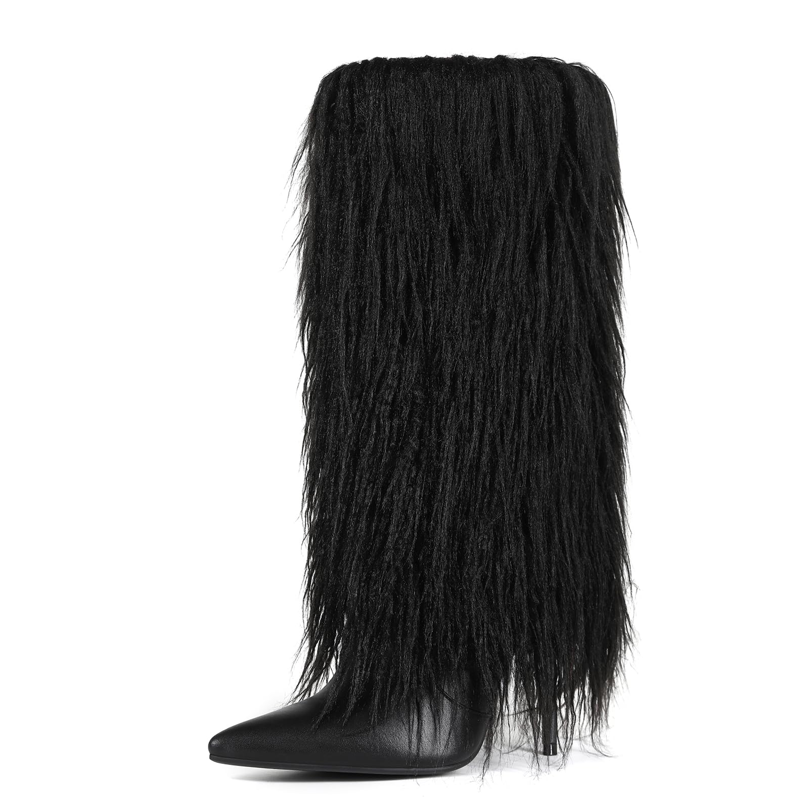 Fur Boots for Women Knee High Foldover Boots with Detachable Long Fur Pointed Toe Stiletto High Heel Tall