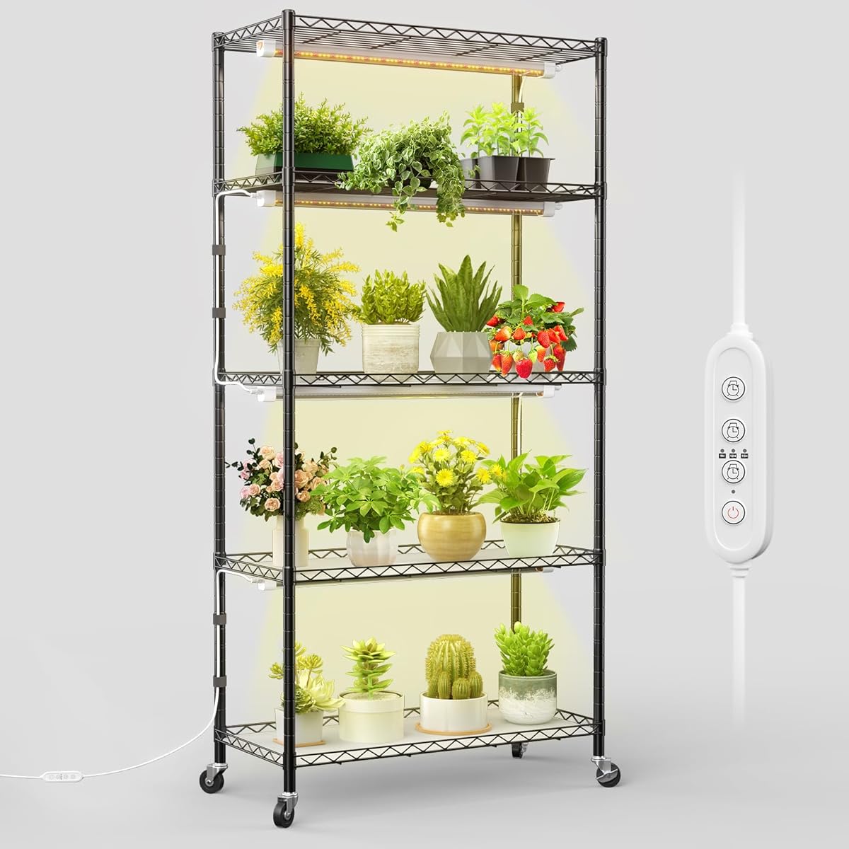 FREELICHT Plant Stand with Grow Light, 5 Tier Adjustable Plant Shelf with 4-Pack 30W LED Grow Lights, 2FT 5000K Full Spectrum Plant Light with Timer for Seedling, Seed Starting (29.5"x13.8"x61.5")
