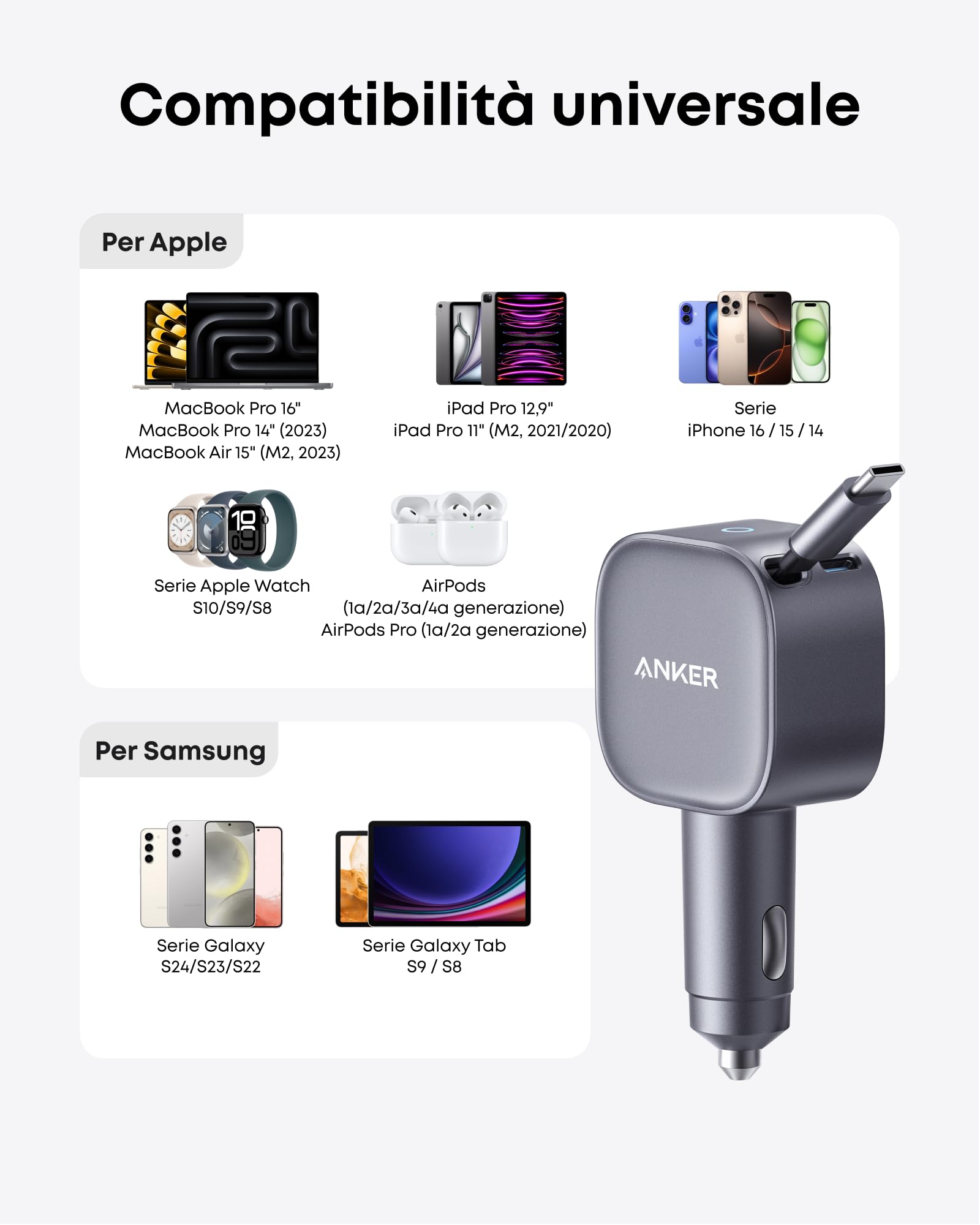 Anker Caricatore Auto USB C 75W Max, Ultra-Compatto Tipo-C Rapido per Auto con Cavo a Scomparsa Integrato, Adattatore per Auto per iPhone 16/15/14 Series, MacBook, iPad, Galaxy, AirPods e Altro
