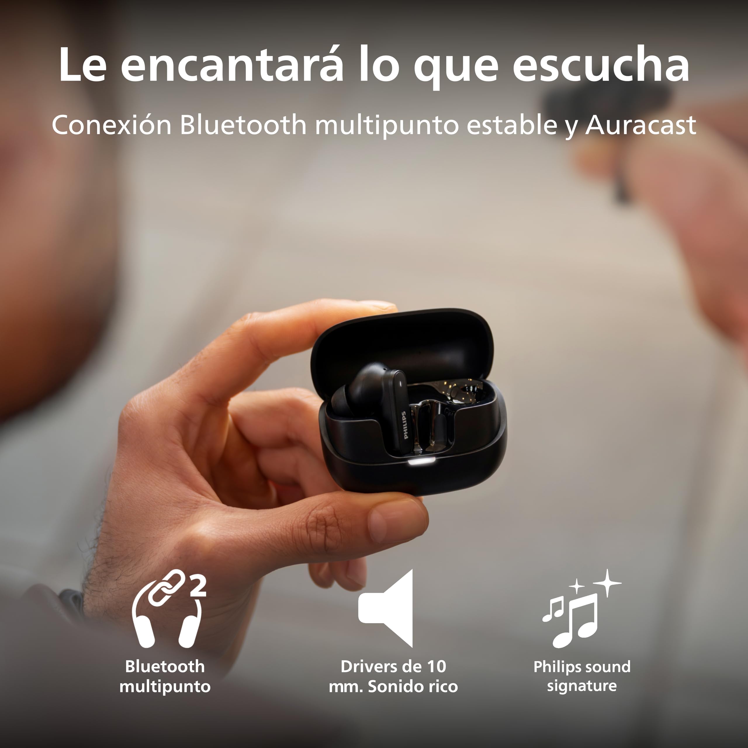 Philips TAT3000BK Auriculares True Wireless, Cancelación Ruido adaptativa, 48h reproducción, Almohadillas SecureFit, Llamadas nítidas 6 micros, Bluetooth 6.0, Auracast, IPX4, Estuche Compacto, Negro