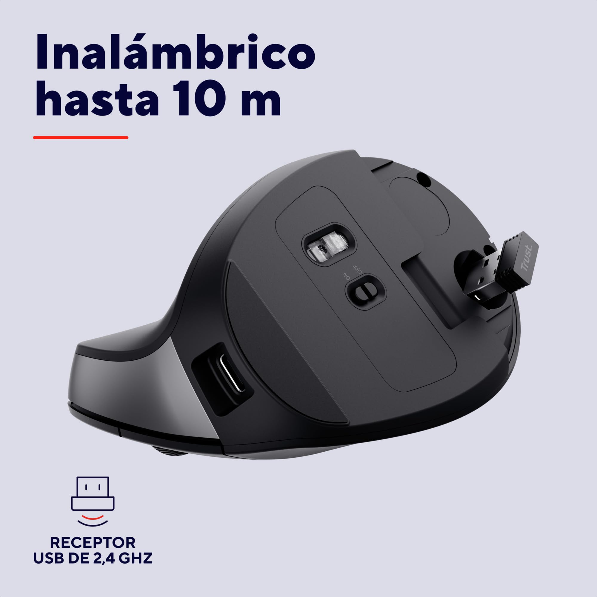 Trust Yuno Ratón Vertical Inalámbrico, Ratón Ergonómico Recargable 2.4GHz, Reducir la Tensión en Brazos y Muñecas, 800-2400 dpi, 70% Plástico Reciclado, PC Portátil Mac - Negro