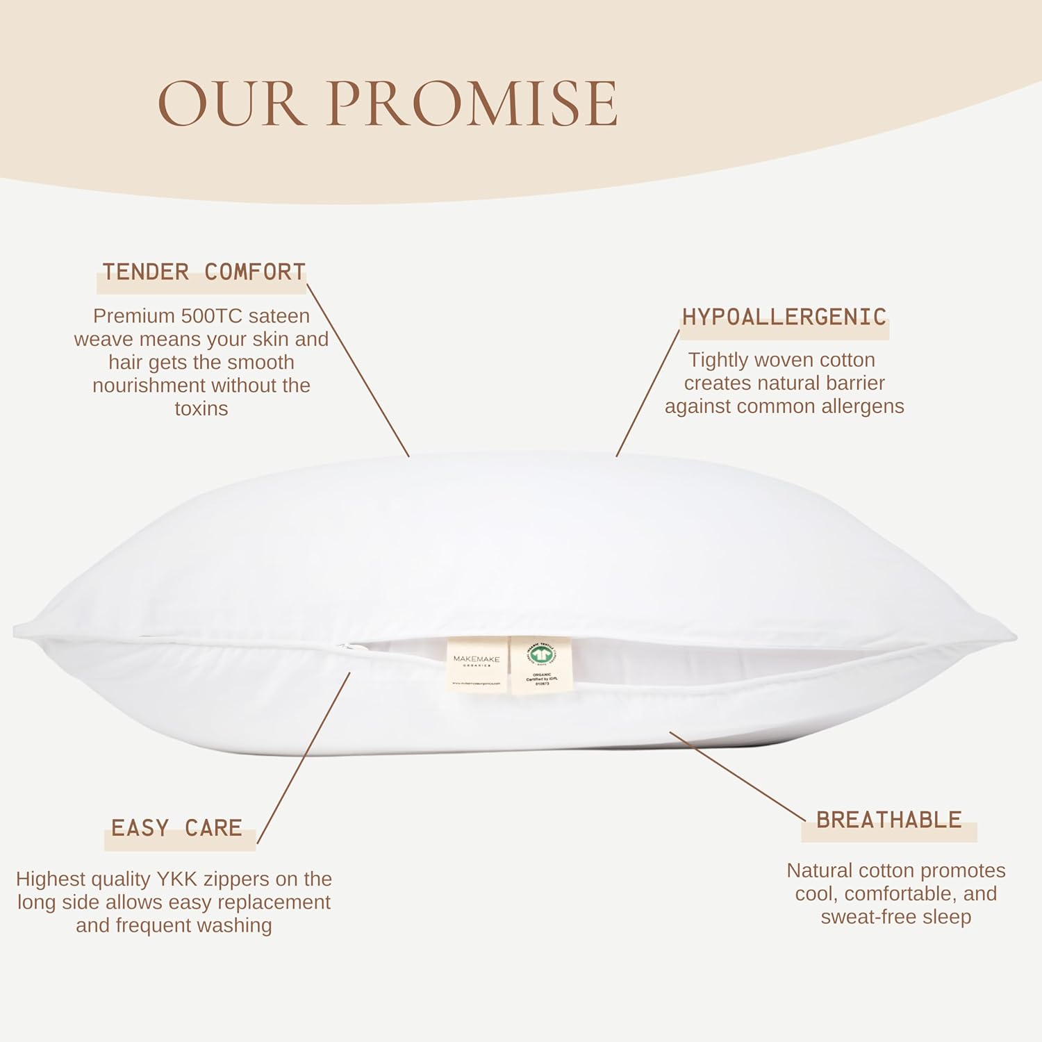 Makemake Organics Organic Pillow Protector (Set of 2) GOTS Certified Organic Cotton Pillow Protectors Natural Breathable Barrier Standard Pillow (21x26, Bright White)