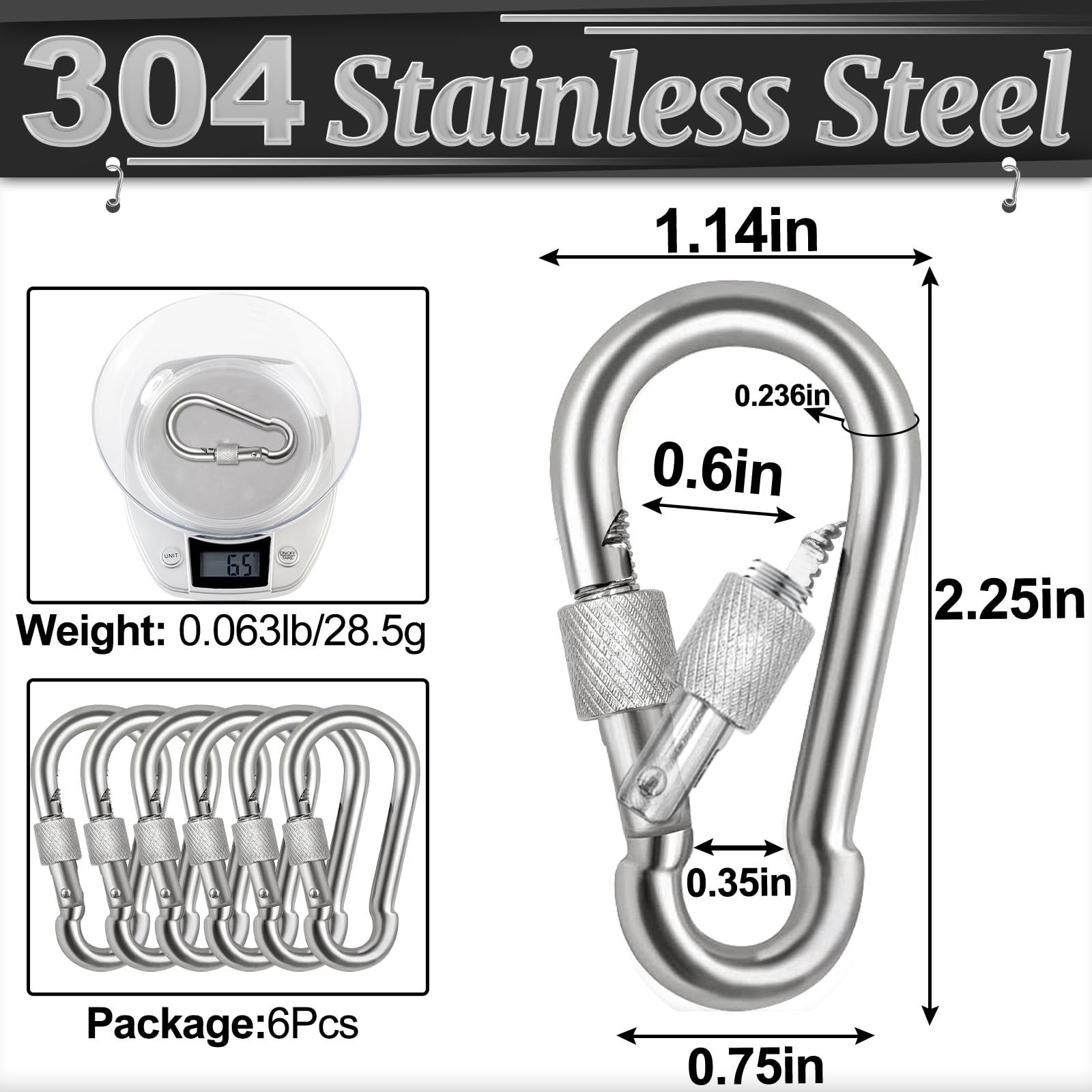 Spencer 2.25 Locking Carabiner Clips-304 Premium Stainless Steel Thumb Screw Carabiner Clip Heavy Duty For Outdoor, Camping, Hiking, Swing, Gym, Dog Leash and More - Image 2