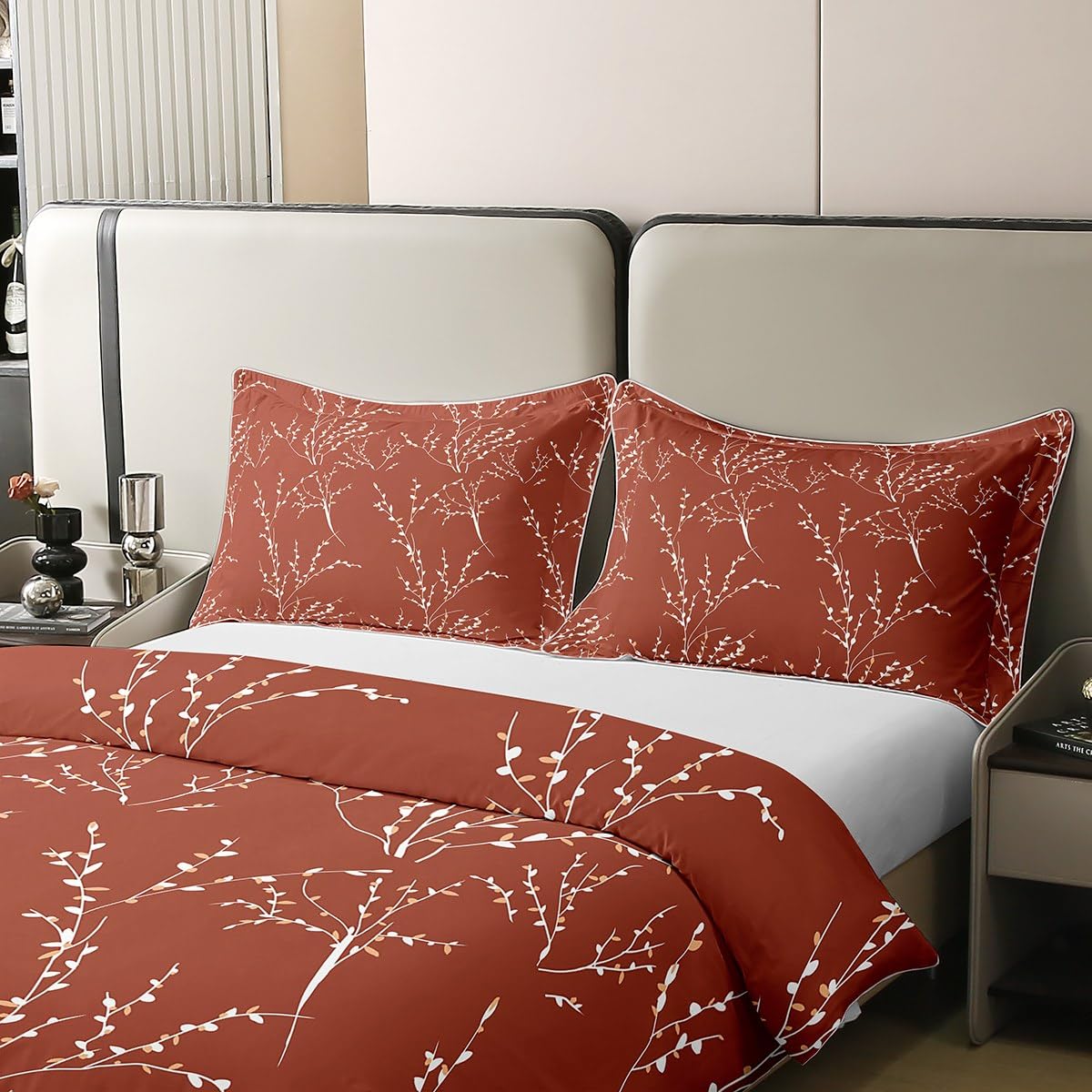 Terracotta Branches Parure de Lit Housse de Couette 100% Coton Ensemble Réversible Fleur Plum Blossom Ensemble de literie Coton Décor Leaf Housse de Couette 140x200cm Parure de Lit
