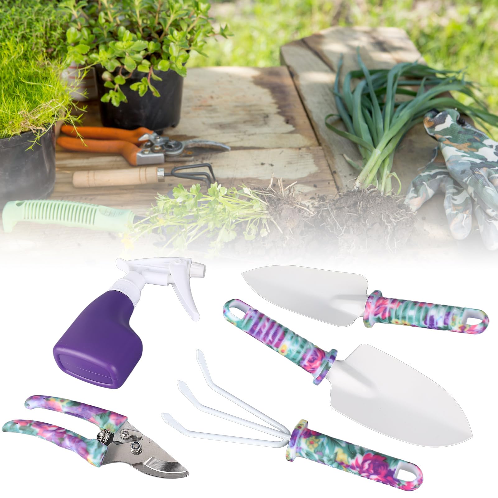 Ensemble D'outils De Jardin 5 Pièces avec étui De Transport, Kit De Jardinage Comprenant Un Cultivateur, des Pelles à Râteau, des Ciseaux à Branches Et Une Bombe Aérosol
