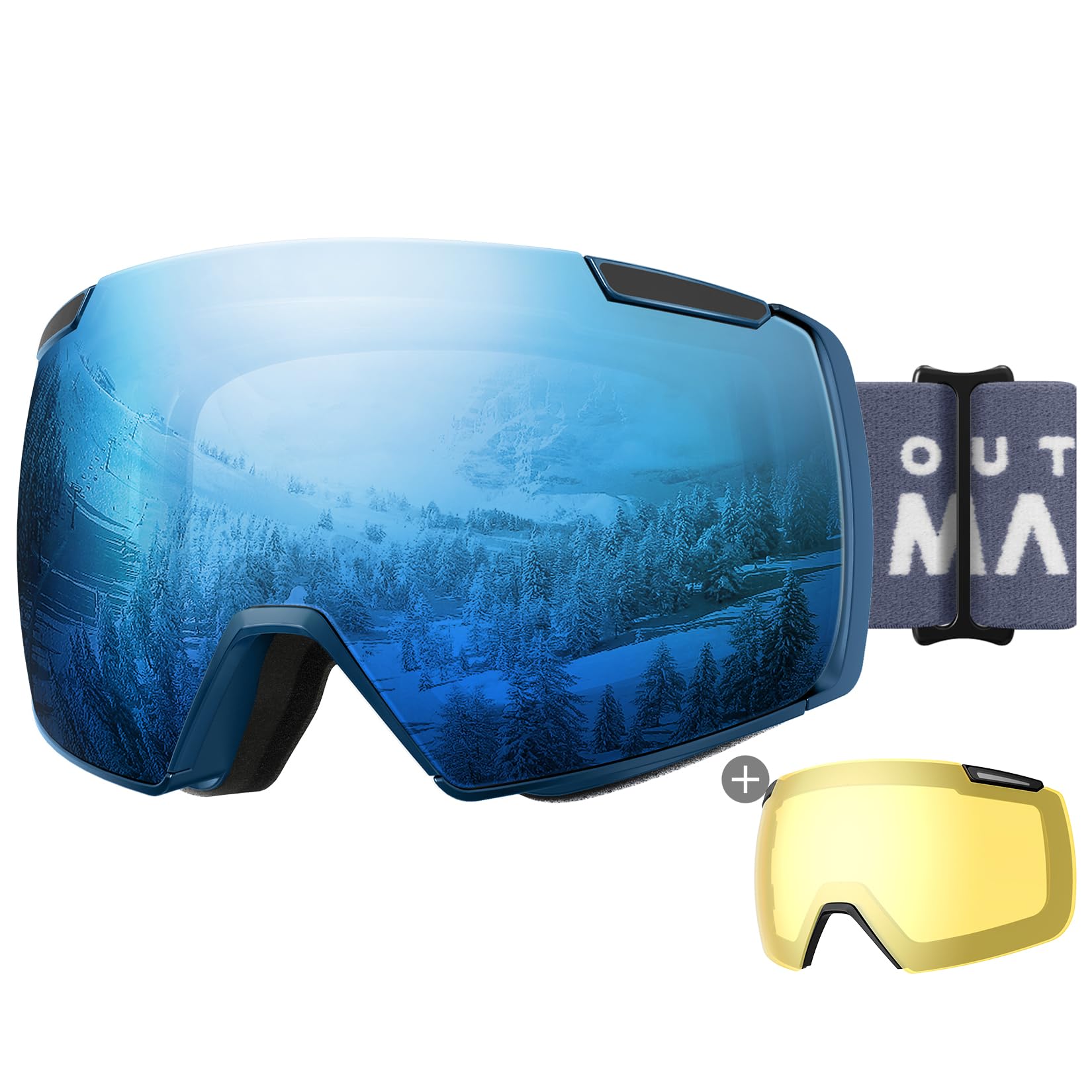 OutdoorMaster Heron Ski Goggles with 2 Lens, Frameless, Magnetic Interchangeable HD Toric Lens, OTG Snowboard Goggle