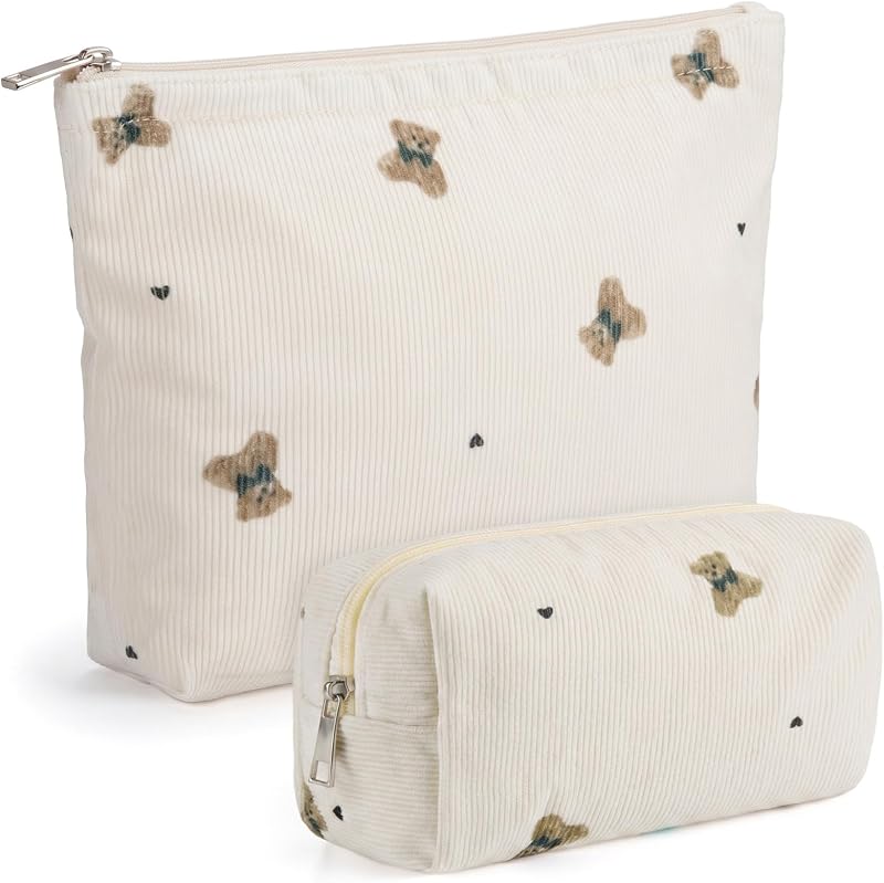 Aliceset Conjunto com 2 necessaires de maquiagem em algodão e lona, estampa de urso em veludo cotelê