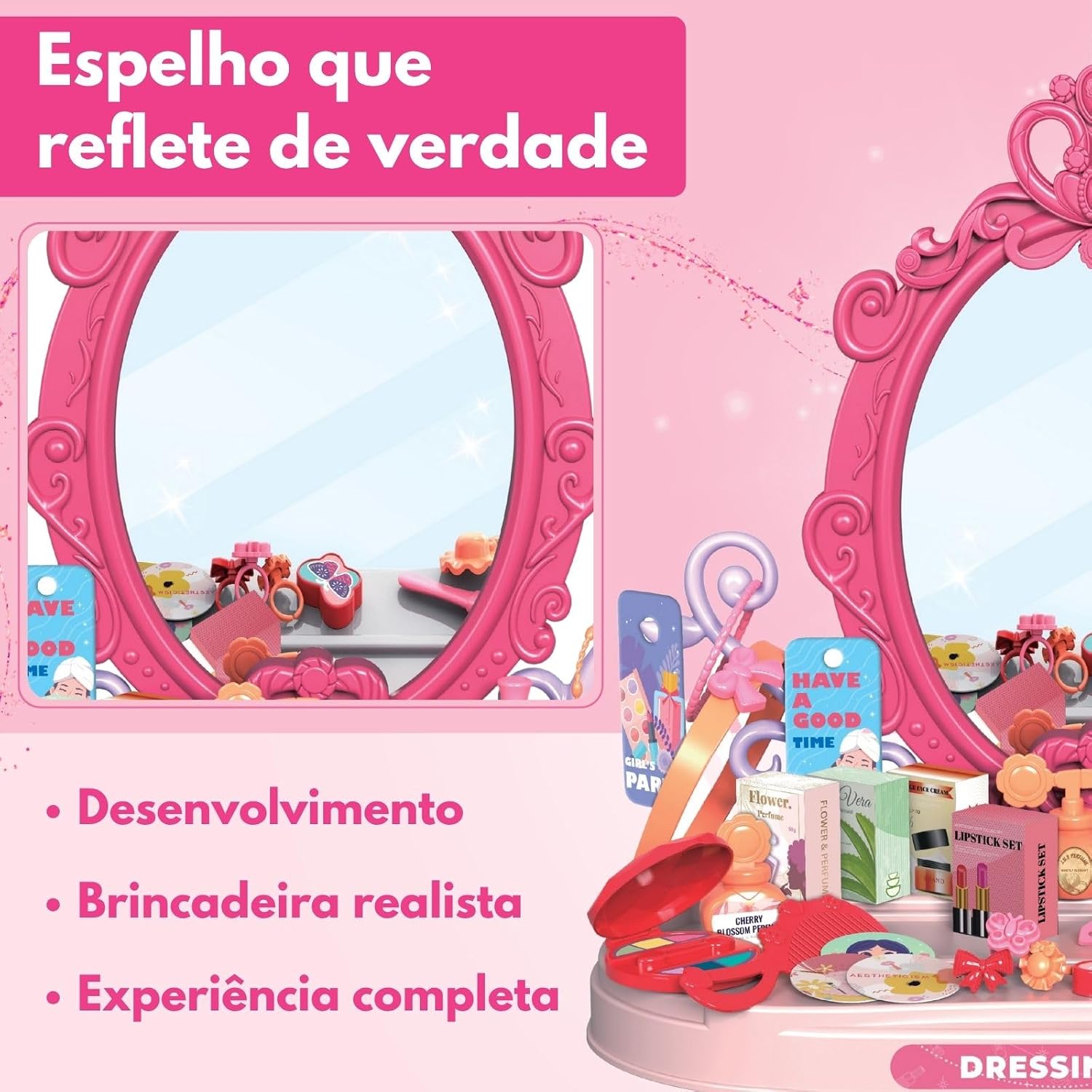Penteadeira Brinquedo Princesa Maquiagem Espelho Menina Acessórios Faz de Conta (Rosa)