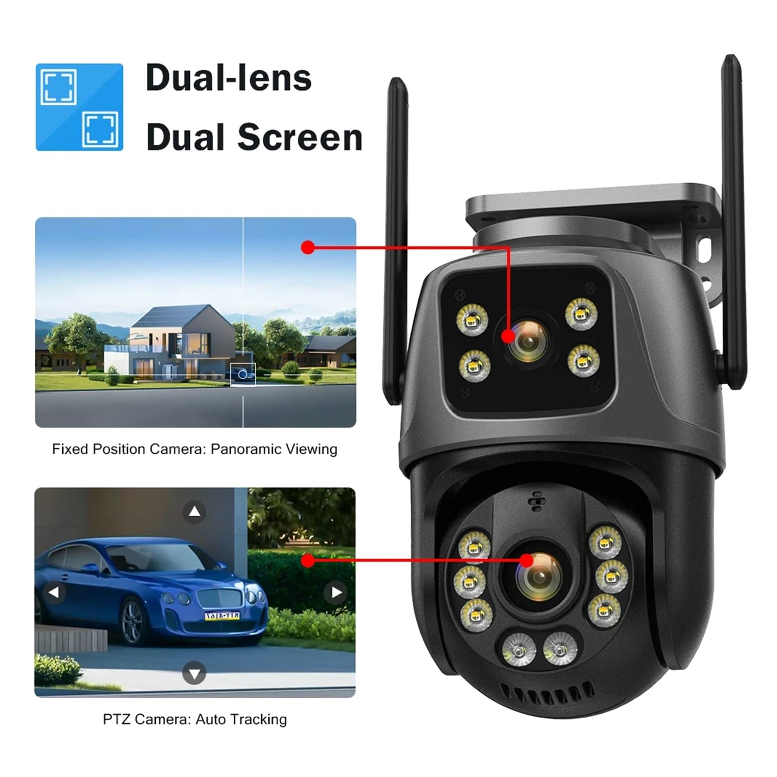 Telecamera Wifi Esterno, Telecamera Wi-Fi a 360° con doppio obiettivo IP66 Protezione di sicurezza 8MP 4K Wireless Outdoor Rilevamento umano Videosorveglianza PTZ ,Sicurezza, Antifurto(4K 8MP NO Card)