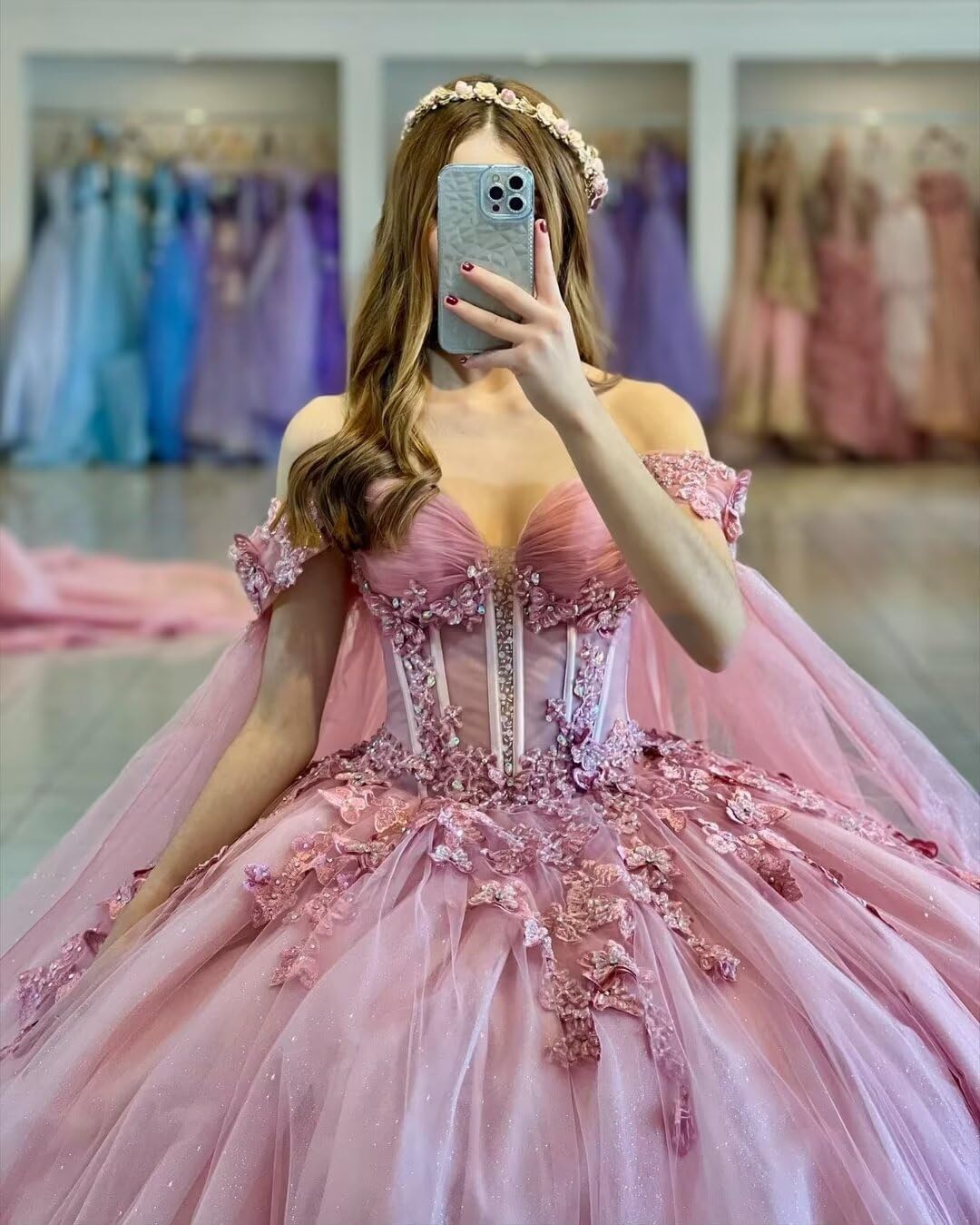 Vestidos de quinceañera con Mariposas 3D y Brillos con Capa y pedrería Vestidos de Fiesta y para Sweet 16 con Hombros Descubiertos YG45