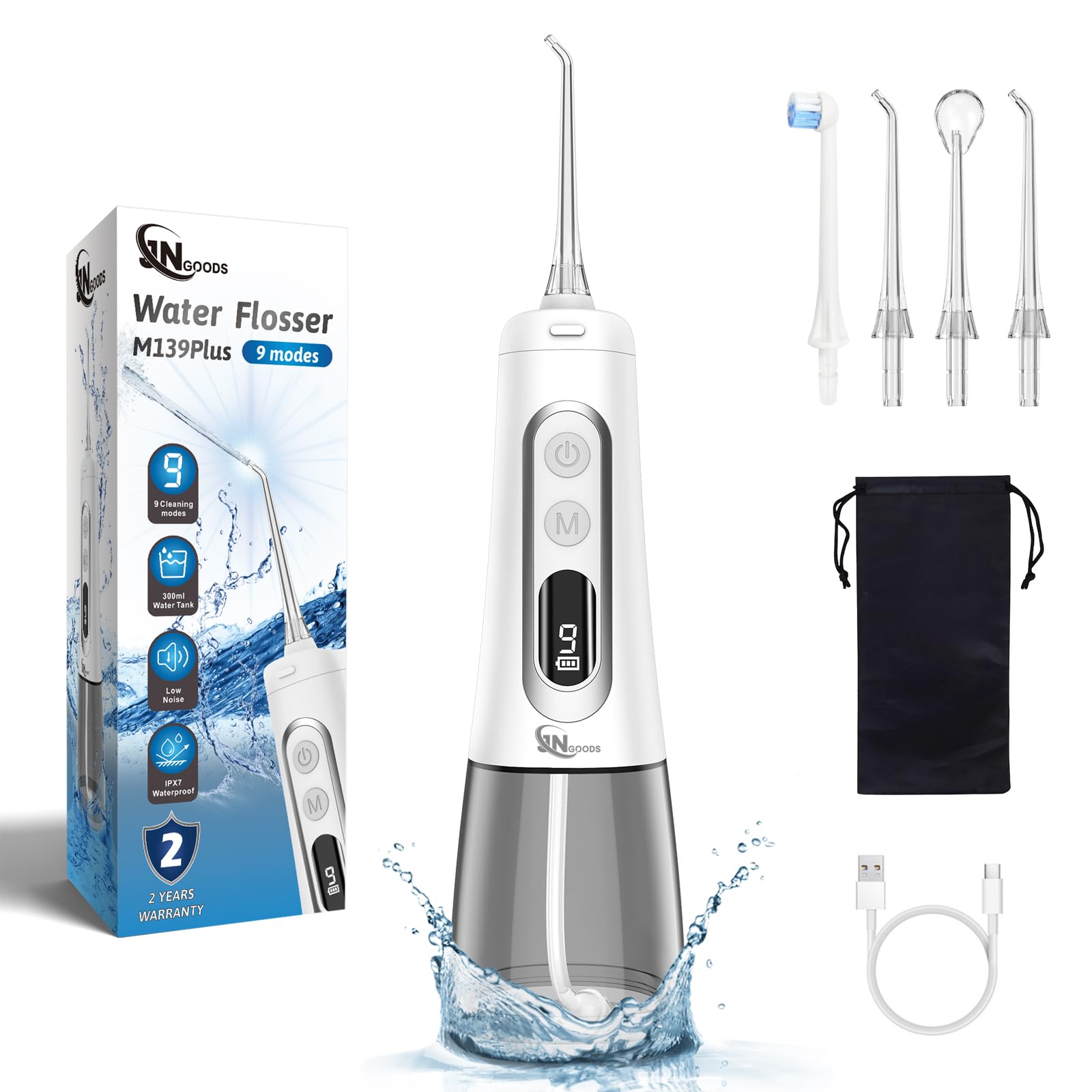 JNGOODS Water Dental Flosser Oral irrigator,JNGOODS 300ml Rechargeable Water flosser for Teeth IPX7 Waterproof 9 Modes Portable Oral Irrigator LED