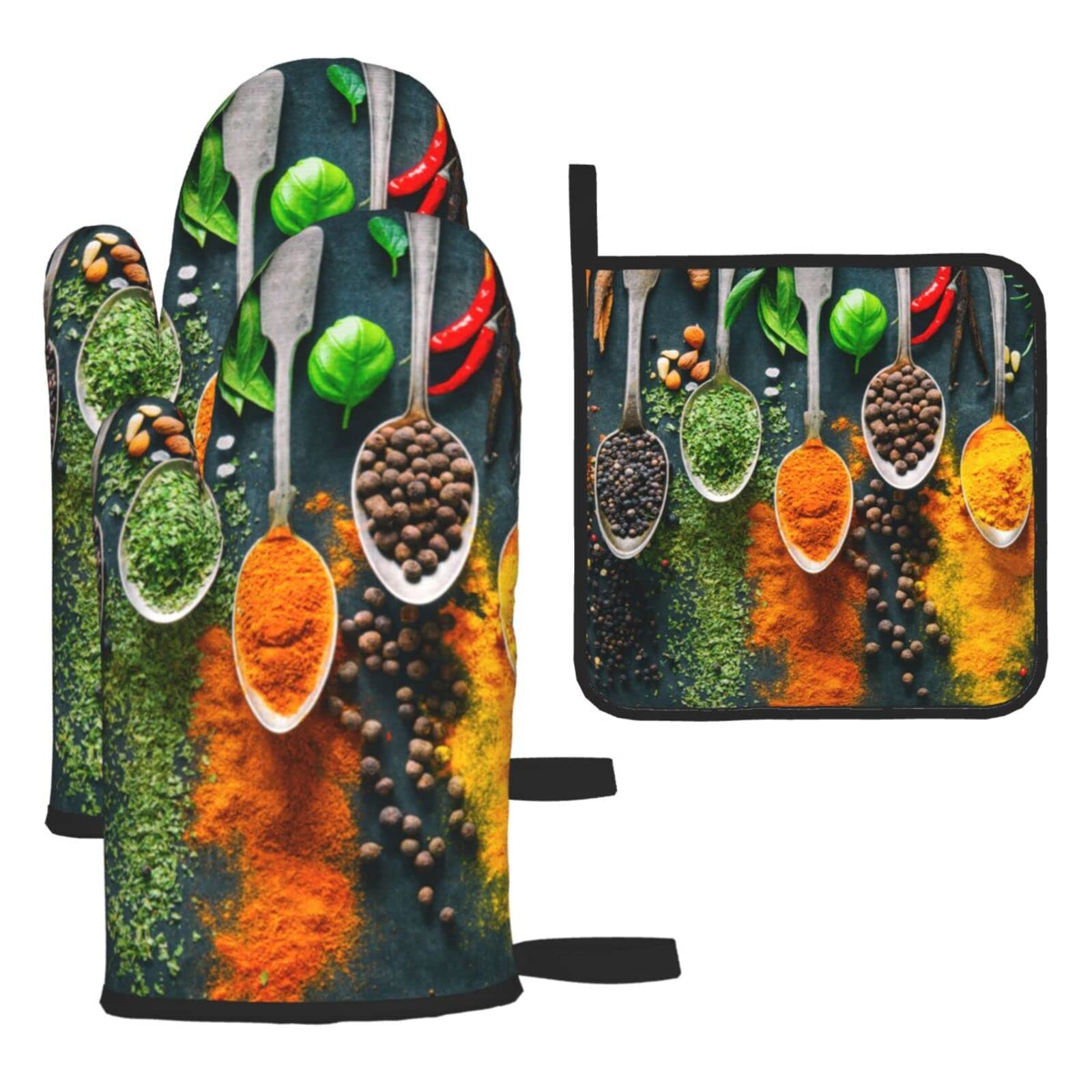 Spices Printed Kitchen Baking Three-Piece Heat-Resistant Thick Cotton Oven Gloves for Cooking and Baking.