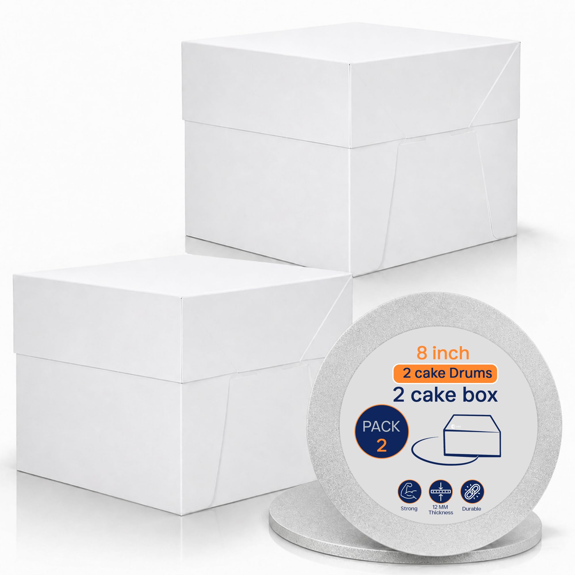 SAMZ Packaging 2 Pack Tall Cake Boxes 8x8x8 inch with 2 Round 12mm Silver Cake Boards – White Cake Box & Board Set for Tiered, Wedding & Celebration Cakes