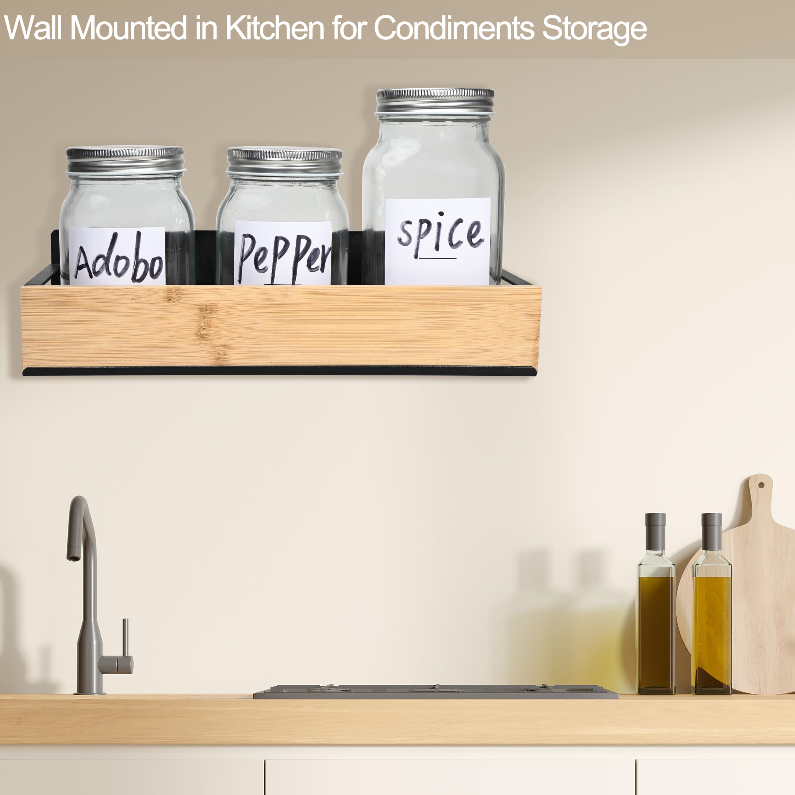 Wall Mount Organizer Adhesive Metal Shelf with Bamboo Lip Bathroom Shelves for Wall Self Adhesive Organizer Shower Caddies — view 6