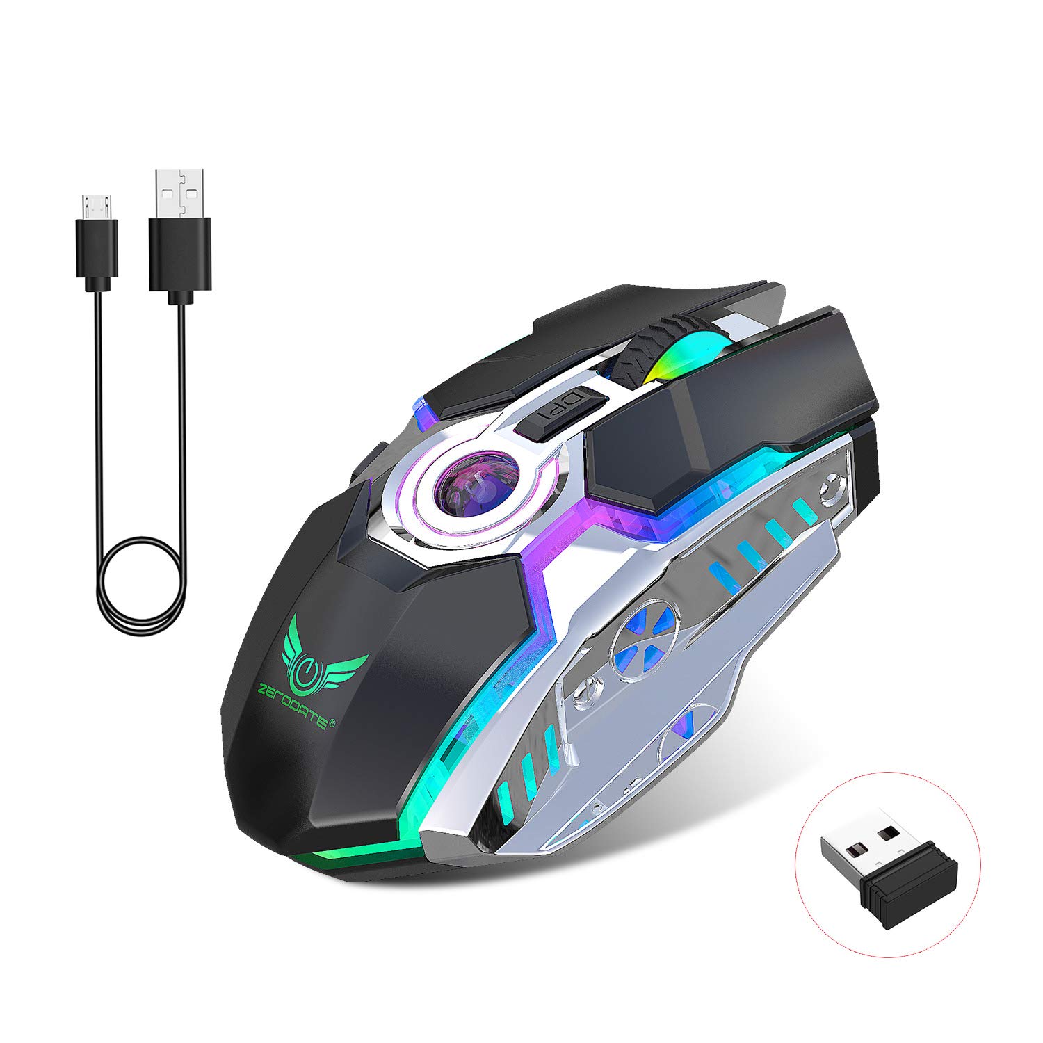 Rechargeable 2.4G Wireless Gaming Mice with USB Receiver and RGB Colors Backlit for Laptop,Computer PC and MacBook (600 Ma...