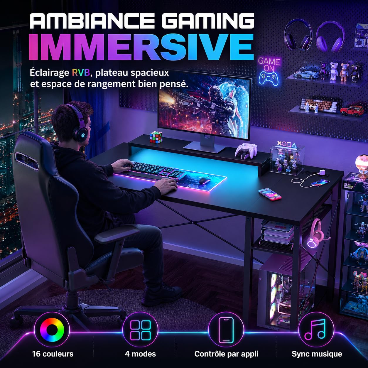 iSunirm Bureau Gaming Noir 100×50cm - LED RGB & Prises USB/Secteur Intégrées, Bureau Gamer avec Rangement Réversible, Compact pour Chambre, Étude & Télétravail
