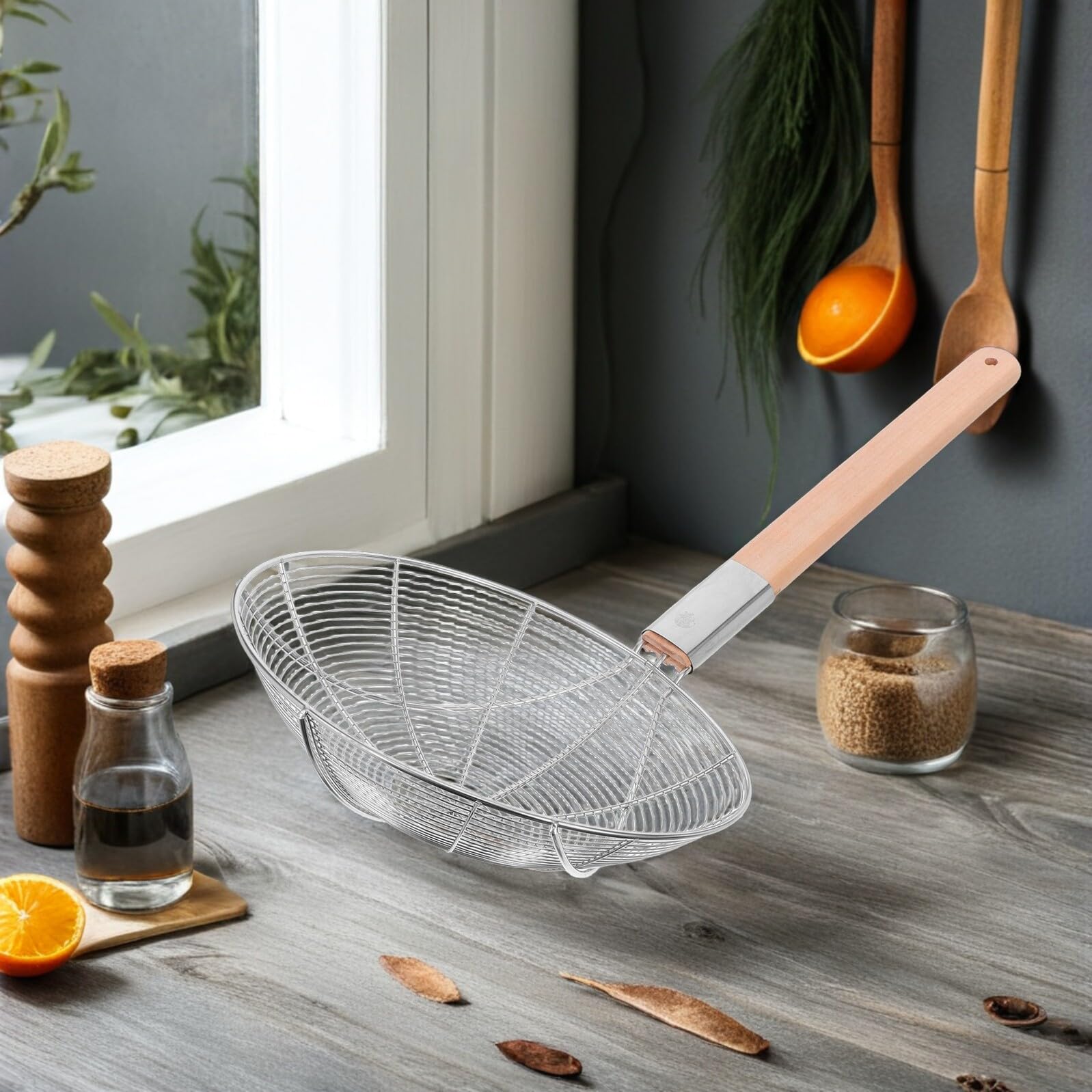 Alipis Passoire à Écumoire Araignée en Acier Inoxydable Manche en Bois, Grosse Louche Filtre Fine Cuisine Professionnelle et Friture