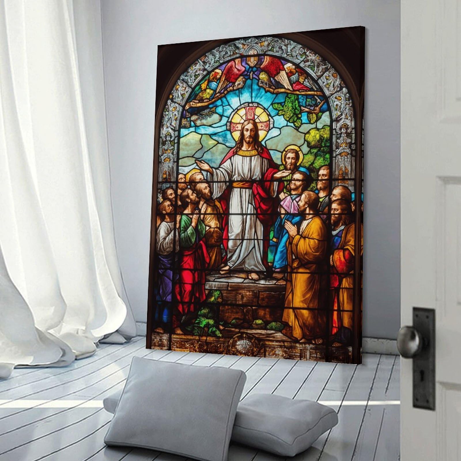 Junmoney Frame-Style-16 Decorative Wall Artwork Stained Glass Window Jesus, 24X36inch(60X90cm), For New Homes, Bedrooms Or Workspaces, Canvas Artwork With Gifting Potential