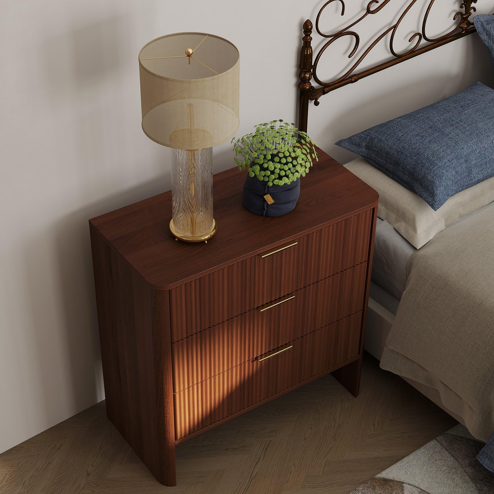 Nightstand with Drawers, Bedside Table Mid-Modern Side Table Large Capacity Storage Organizer for Bedroom, Living Room, Walnut