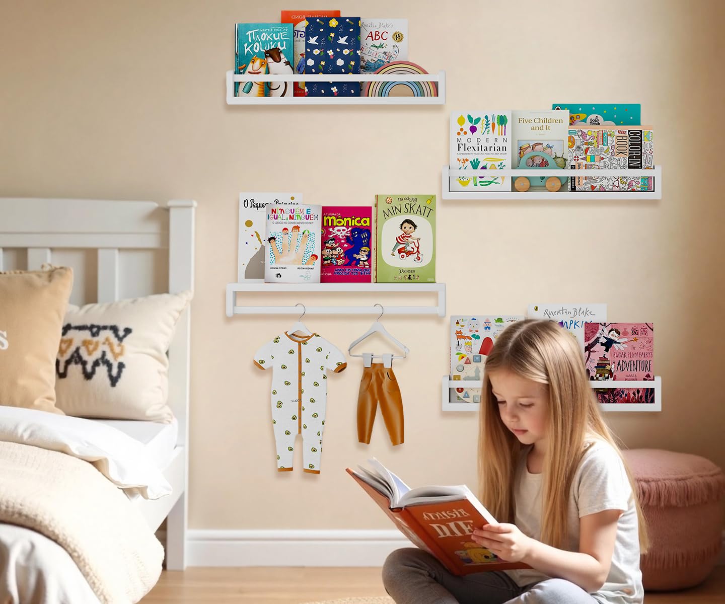 Gieanoo White Book Shelf Kids Room, Nursery Book Shelves Wall Mounted Book Storage Unit - Image 3