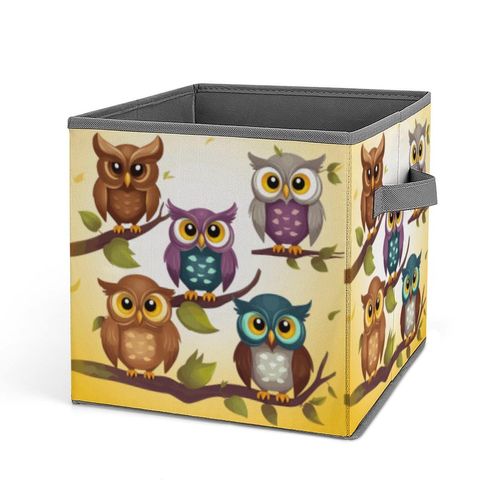 Owls Birds Storage Baskets Collapsible, Exquisite Pattern Cube Box, Canvas Fabric Storage Bins with Handles, Clothe Organizer Box for Home Decorative Office Bedroom
