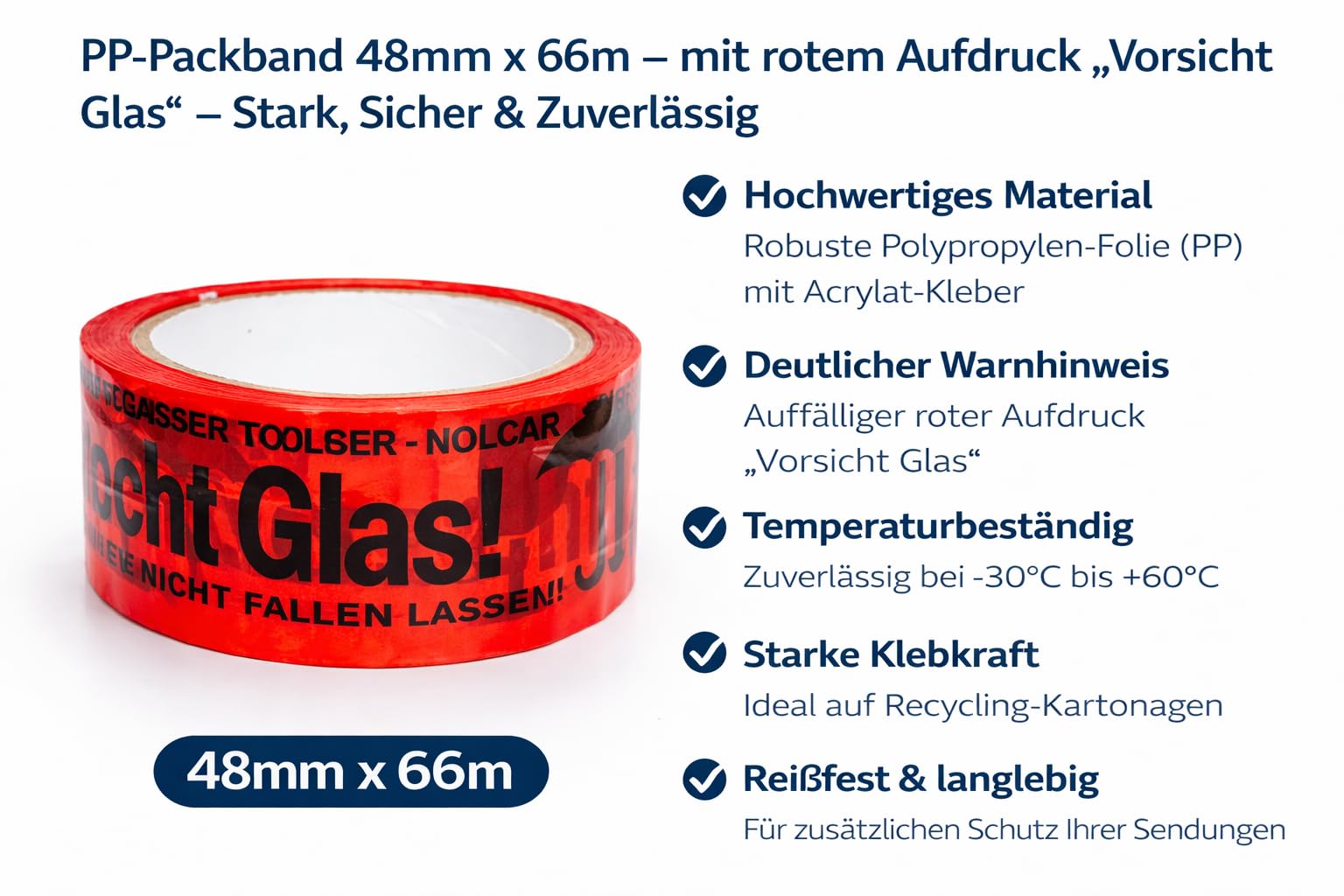 Bayli 72 Rollen Verpackungsband Vorsicht Glas 48mm x 66m – stark haftendes Klebeband für Logistik