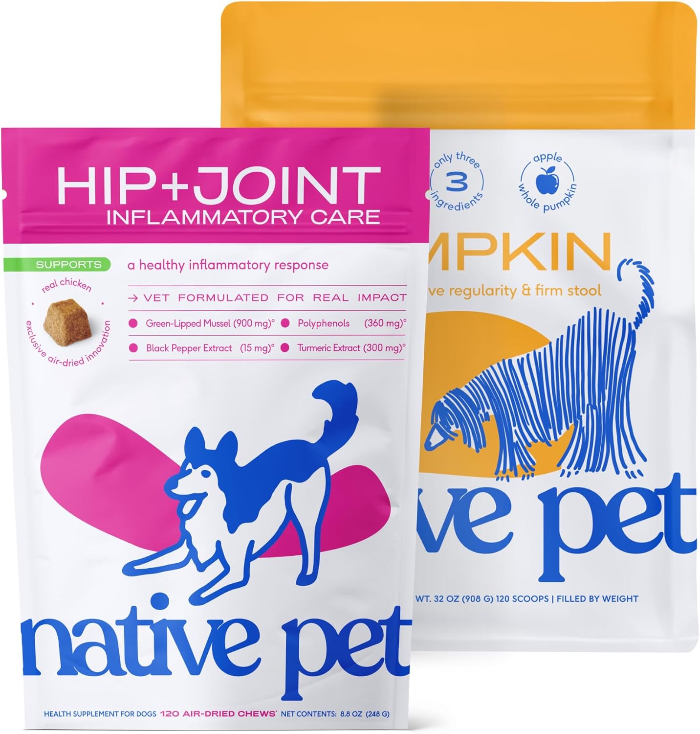 Native Pet Comfort & Mobility Bundle: Relief Chews for Dogs (120 Air-Dried Chews) & Pumpkin for Dogs (120 Scoops) - Anti-Inflammatory for Strong Joints & Organic Pumpkin Powder for Healthy Digestion