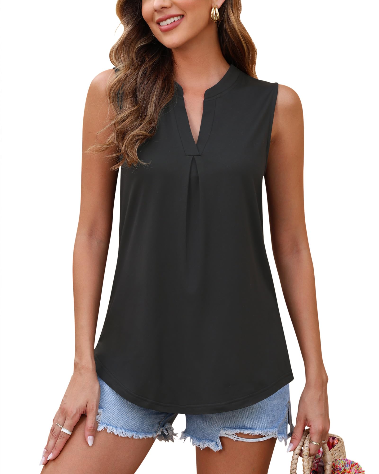 WNEEDU Mujer Camiseta de Verano Sin Mangas con Cuello V Casual Tank Tops