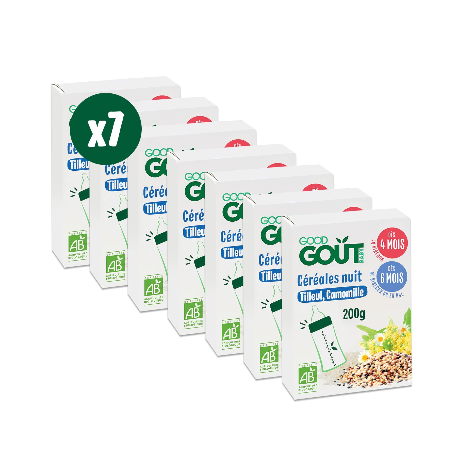 GOOD GOÛT - Céréales Nuit Tilleul Et Camomille - Céréales Pour Bébé - Dès 4 Mois Au Biberon/Dès 6 Mois En Bol - Bio - Sans Sucres - Étui Carton - 200g - Lot de 7