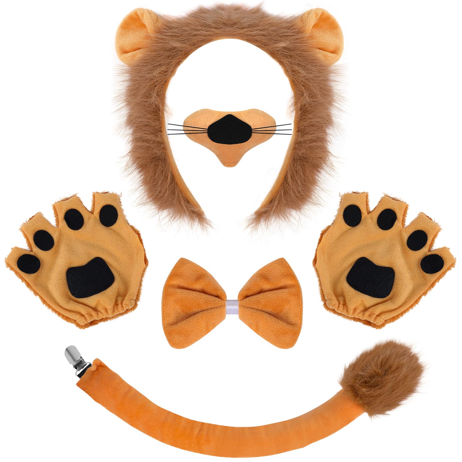 6 Pcs Lion Costume Accessory Kit, Animal Ears Headband Animal Costume Set Lion Ears Plush Headband Tail Nose Bow Tie and Gloves Costume Kit for Adult Kids Halloween Birthday Carnival Cosplay