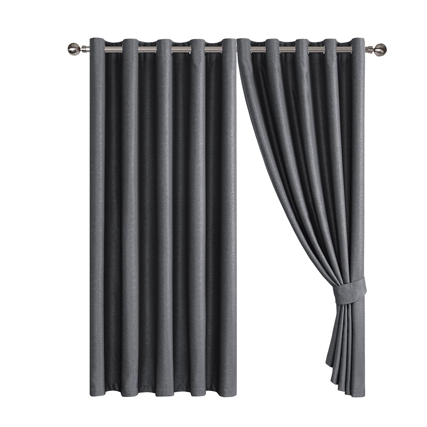 Blackout Curtains Embossed Leaf Jacquard - Polyester Room Darkening Eyelet Grommet Panels, Thermal Insulated Solid Foliage Pattern with Tiebacks Included (Charcoal, 66" x 90" (168 x 228 cm)) — image 1
