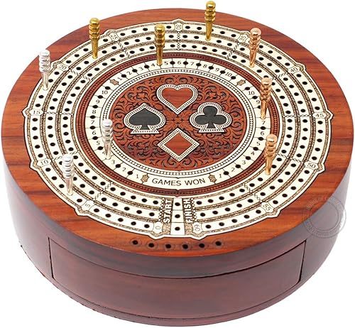 Miniatura 4 de House of Cribbage - Tabla de cuna no continua de 3 pistas de forma redonda - Cajón de almacenamiento para clavijas y 1 baraja de cartas con campos