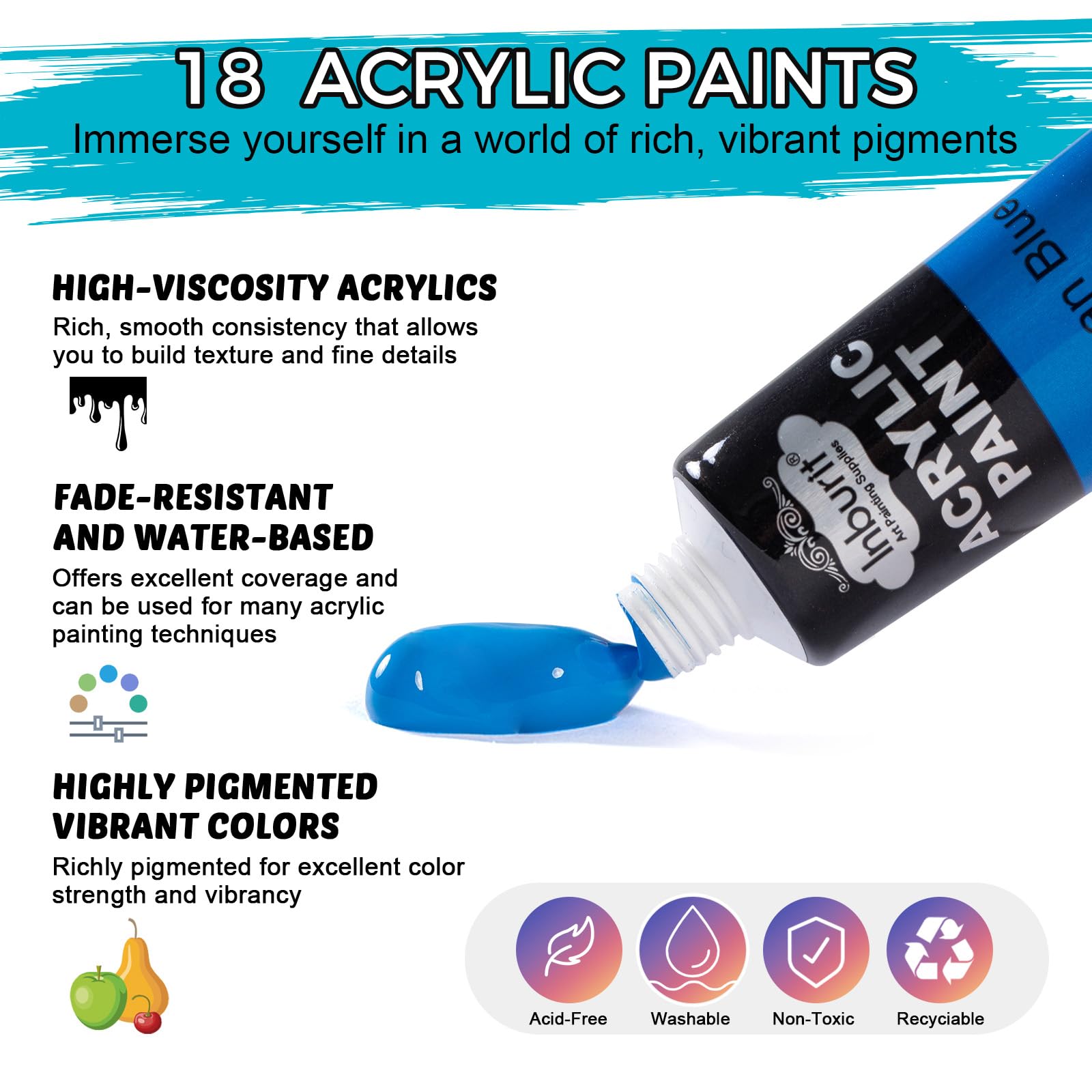 Inburit Set di colori acrilici, set da pittura con 18 colori acrilici (22 ml), tela e pennello, ideale per adulti, principianti per tela, pietre, legno