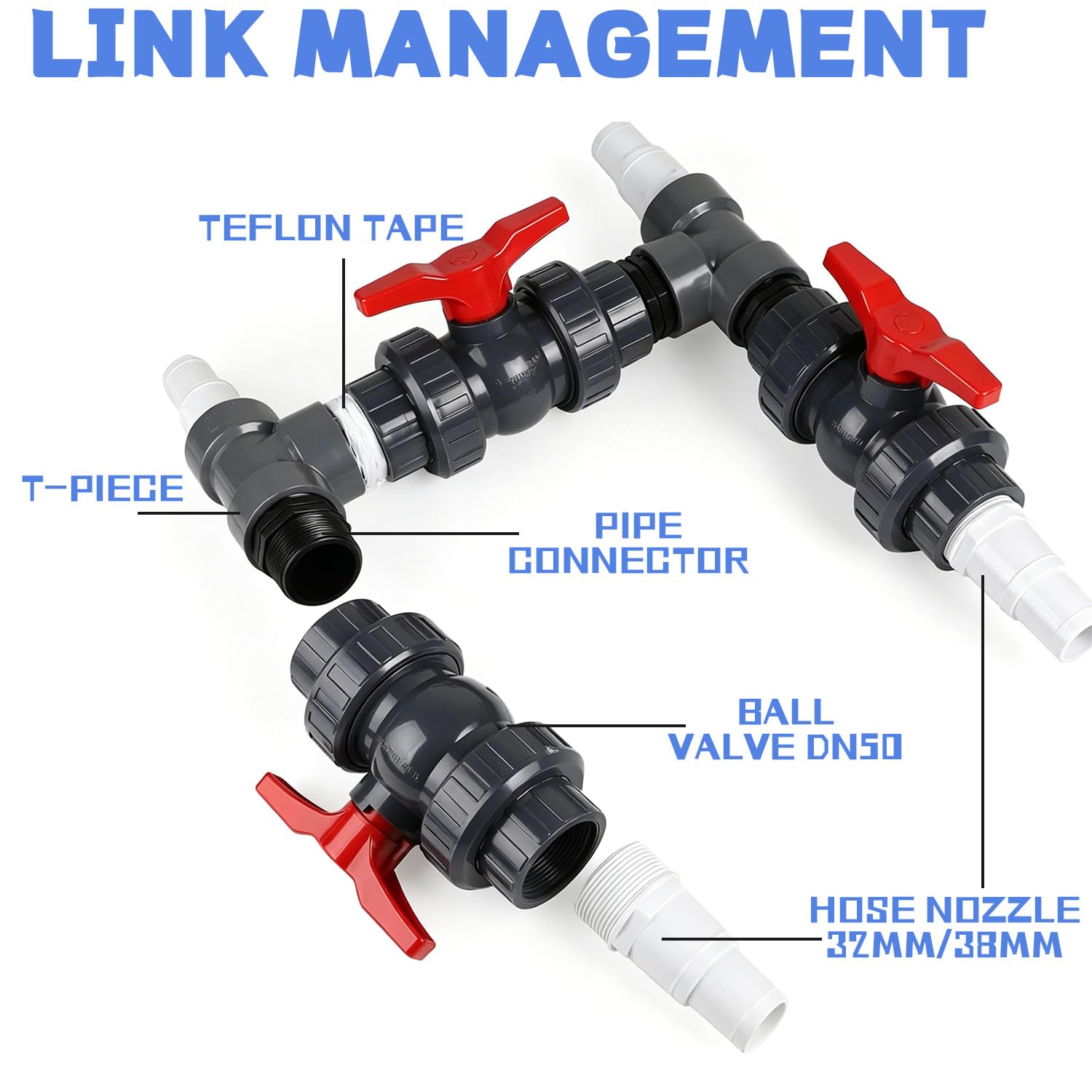 Bypass Pool Set Ø 50 mm für Wärmepumpe, Pool Anschluss Set mit 32 mm & 38 mm Schläuchen und Adaptern, Pool Solarweiche zur Steuerung der Wasserzufuhr für Poolheizung und Schwimmbecken