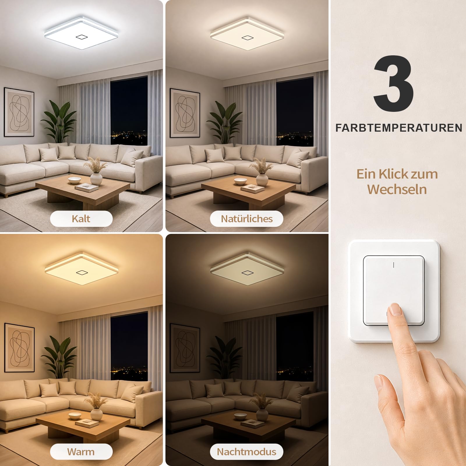 Deckenlampe eckig 24W, led deckenleuchte dimmbar mit App, Badezimmer Lampe decke Warmweiß/Naturweiß/Kaltweiß(3000-5000K) mit Nachtlicht, Badlampe modern für Bad Küche Schlafzimmer Wohnzimmer Flur 32CM
