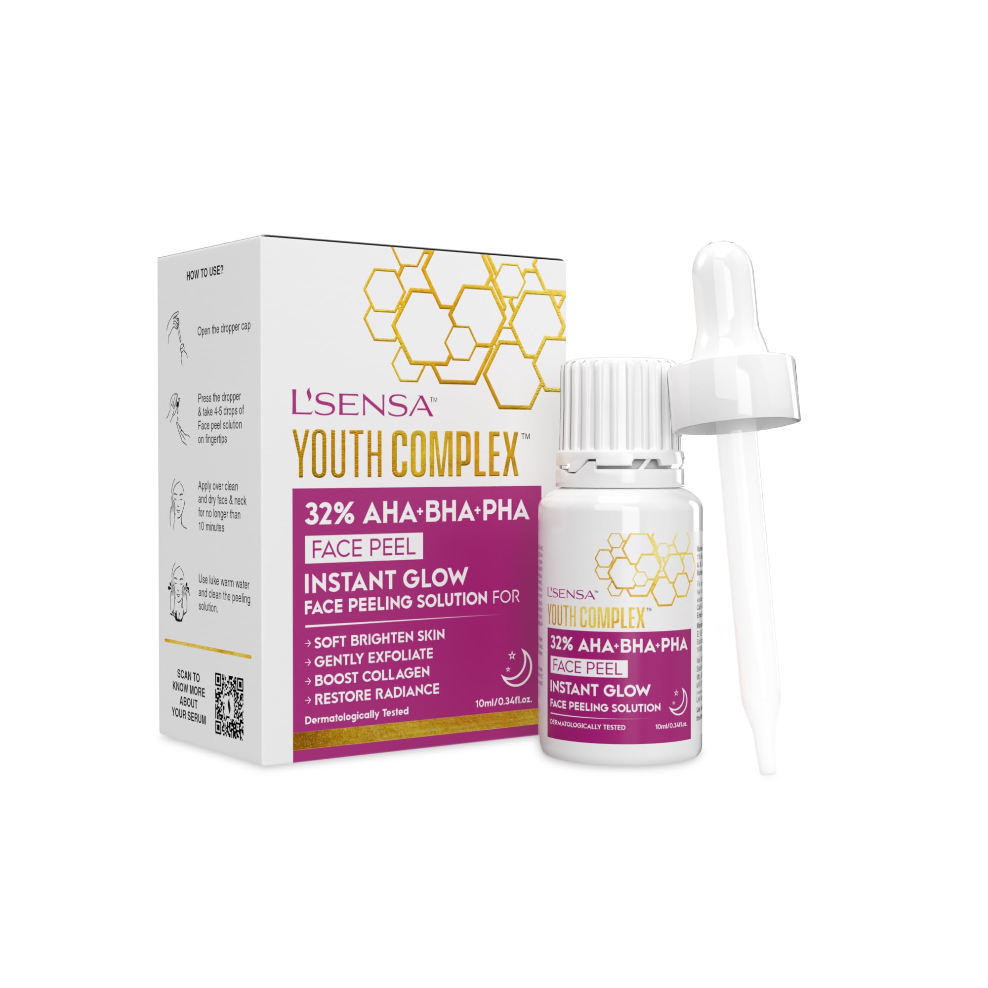 L'SENSA 32% AHA+BHA+PHA Serum | Face Peel | Soft Brighten Skin, Gently Exfoliate, Boost Collagen, Restore Radiance | For All Skin Types | 10 ML.