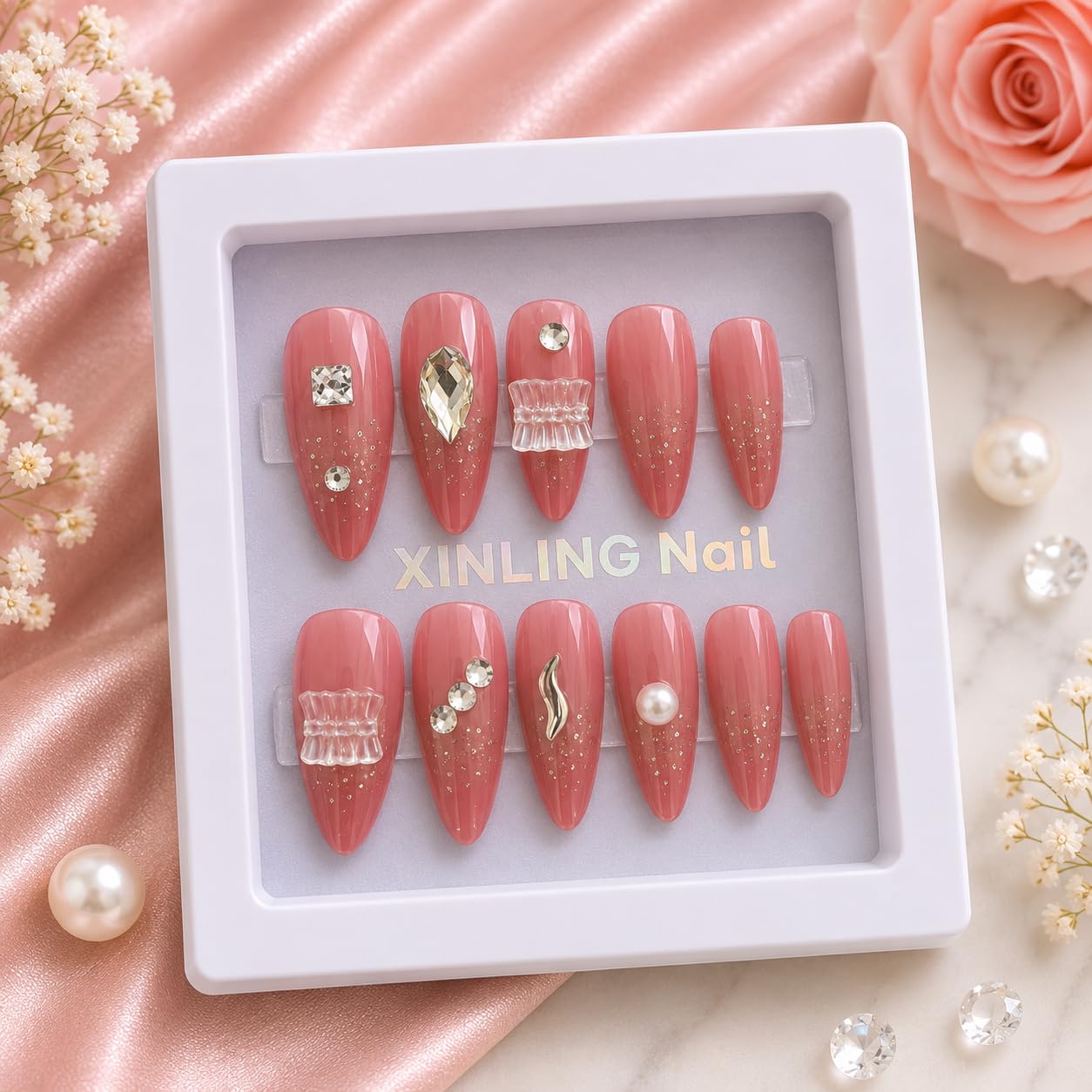 XINLING Nail Press on Nails, Pink Almond Shape with Rhinestones, Pearl and Gold Charm Embellishments, Designer False Nails for Women-picture-12
