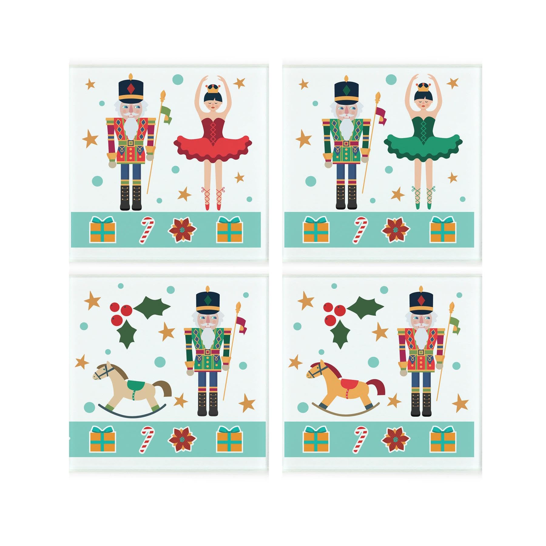 Cartoon Nutcracker Glass Coaster Set - Ballet Festive Set of Four (4) Square Drinks Coasters