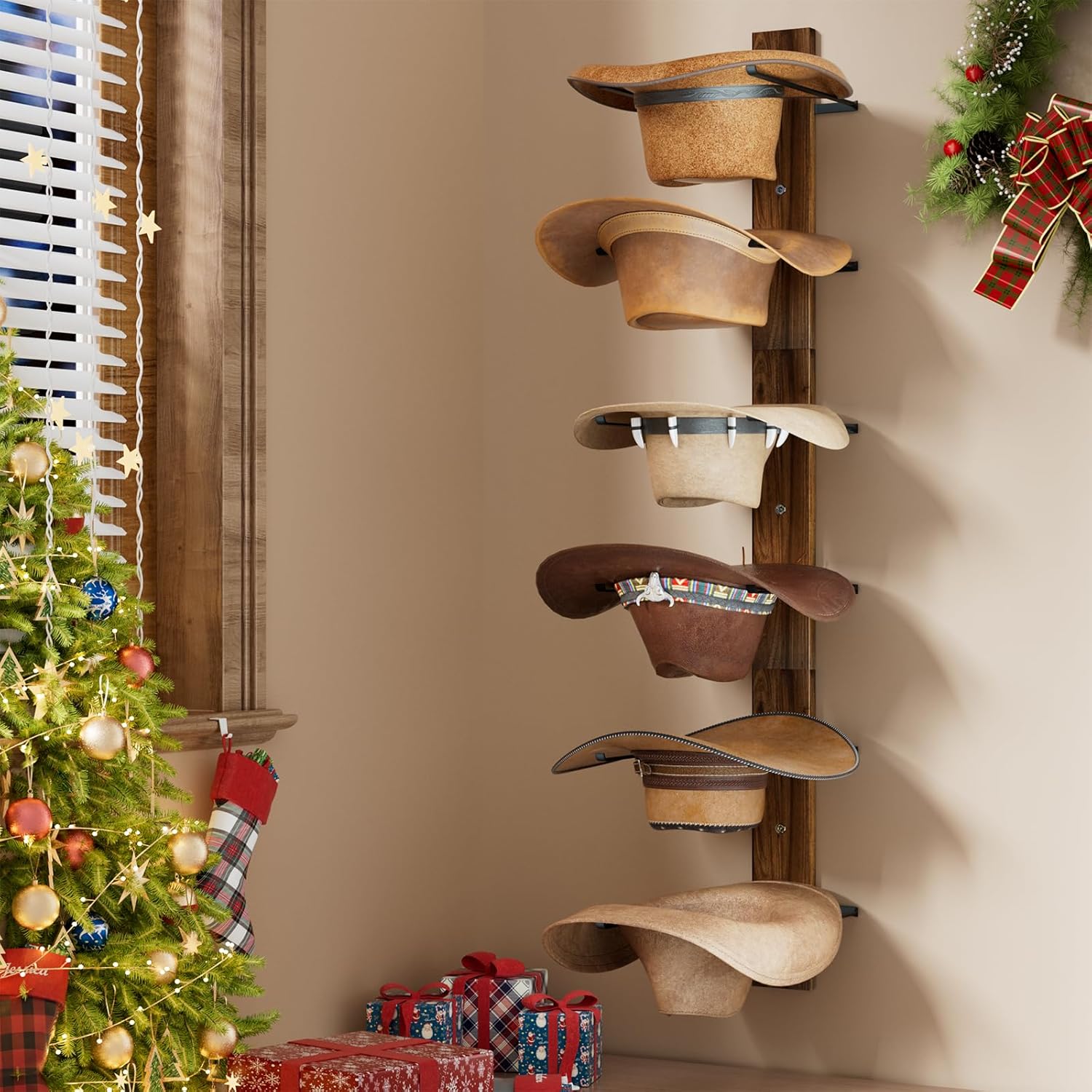 REFGY Cowboy Hat Rack for Wall, 6-Tier Solid Wood-Texture Western Hat Holder, Large Brim Hat Organizer for Wall Mount, Rustic Hat Hanger for Home Decor & Storage, Brown