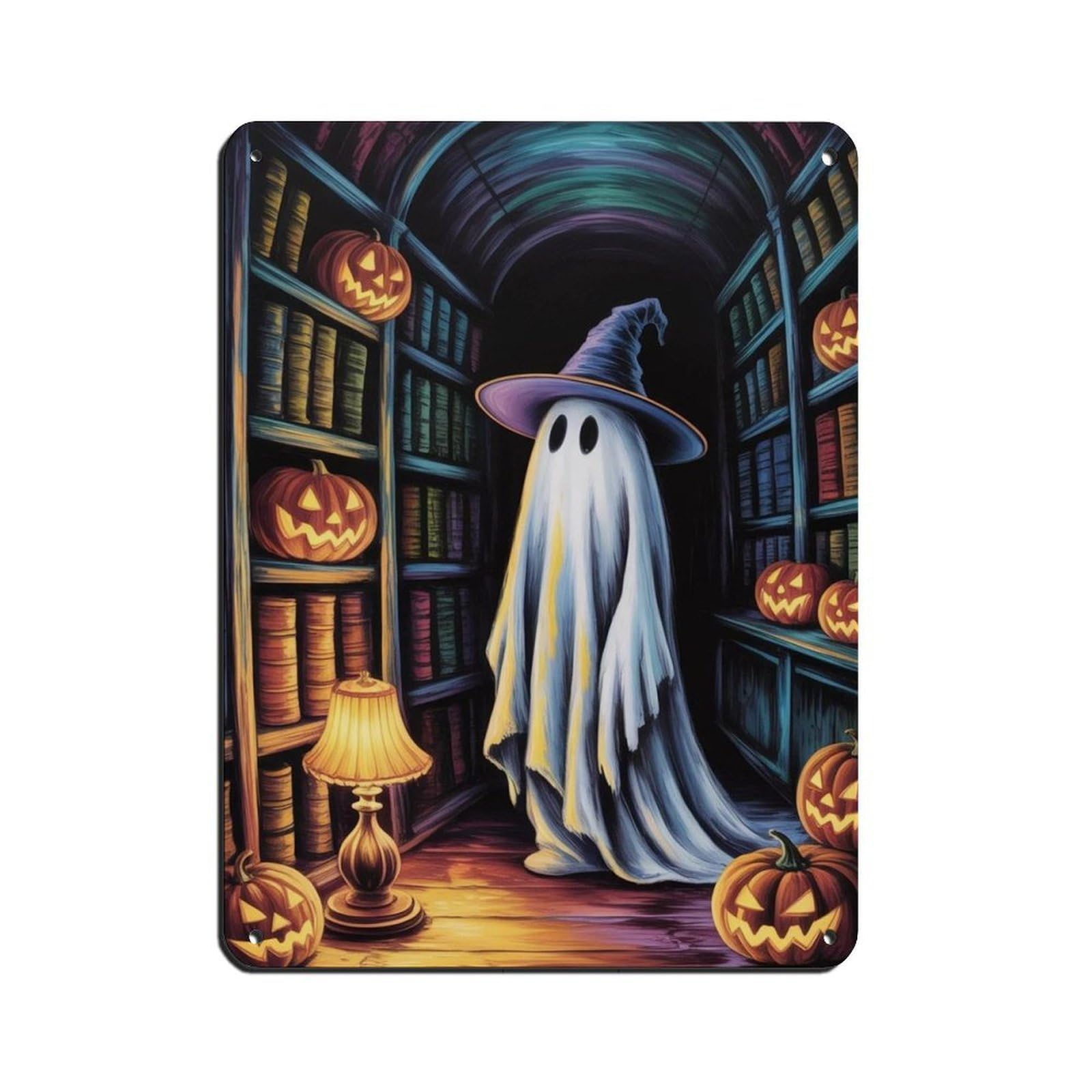 Ghost Witch & Pumpkin in A Library Poster Tin Sign Vintage Metal Pub Club Cafe Bar Home Wall Art Decoration Poster Retro 12x16inch(30x40cm)