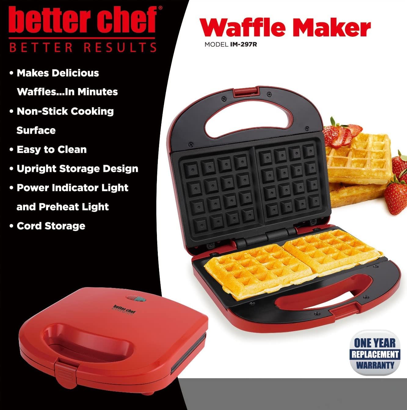 Better Chef Electric Waffle Maker | Non-Stick | Stores Upright | Preheat Indicator Light | Integrated Cord Storage (Red)