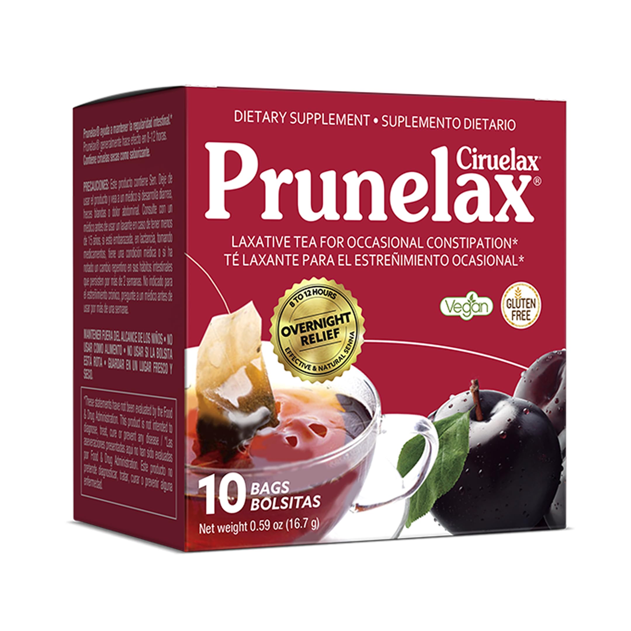 Prunelax Ciruelax Natural Laxative Regular for Occasional Constipation,Tea Bags, Prunes, 10 Bags