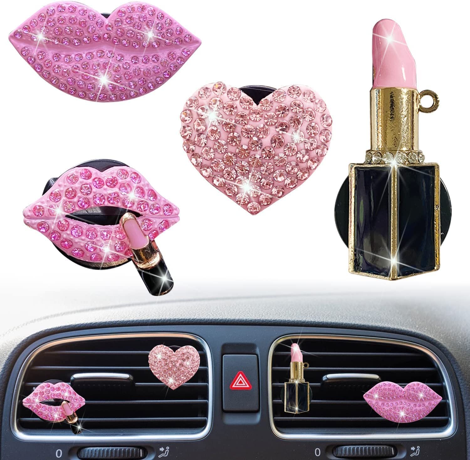 Pink Lips Air Vent Clips, 4 Pcs Sexy Lips Kiss Heart Shape Car Air Fresheners for Women Charms Rhinestone Diffuser Vent Clip Cute Car Decor Bling Car Accessories for Women