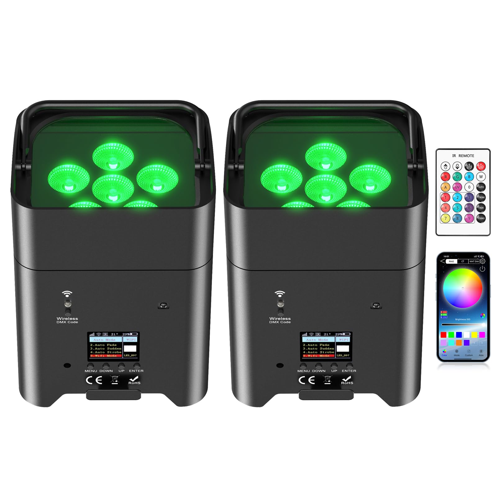 2 pezzi 108W RGBWA + UV LED proiettore batteria illuminazione palcoscenica con telecomando/APP, DMX-6/10CH luce discoteca per festa DJ Halloween Natale
