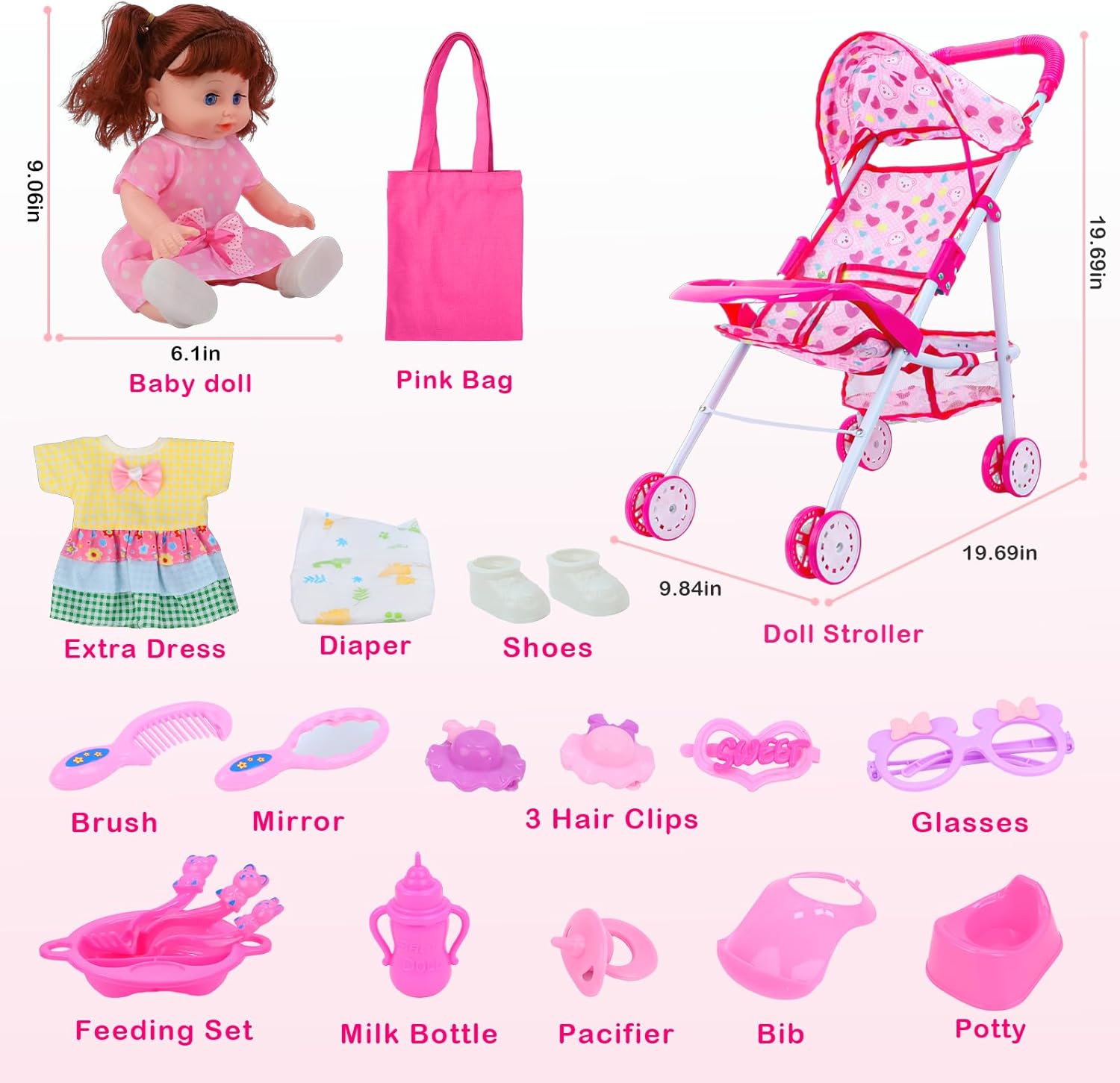 Baby Doll Stroller Toy Set with Open & Close Eyes Interactive Doll (4 Sounds), Foldable Doll Stroller with Feeding Tray & Diaper Bag, 21 Pcs Accessories Pretend Play Toy for Toddlers 3-5