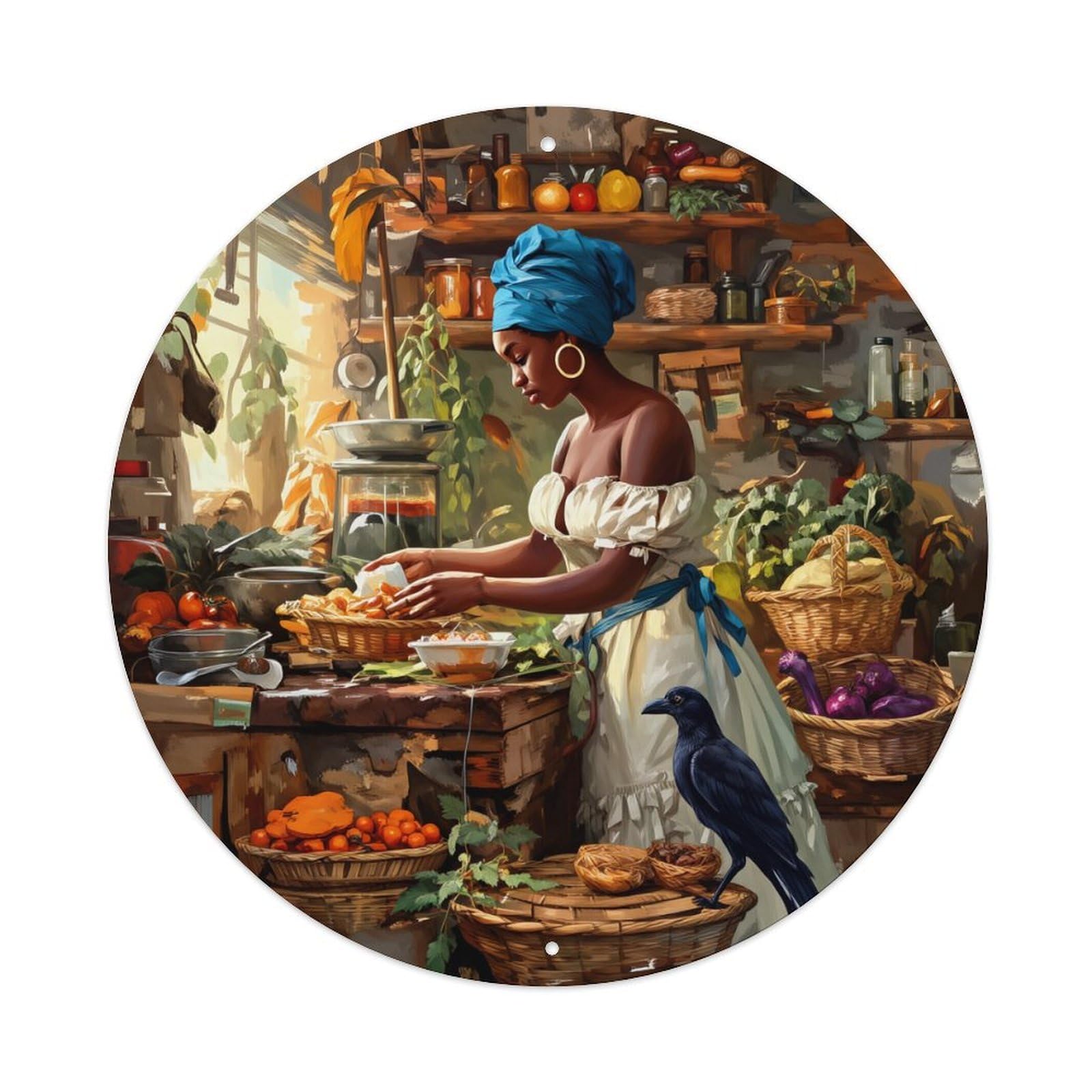 Rustic Kitchen Scene With Woman And Crow Round Tin Sign Retro Metal Sign for Cafe Bar Pub Home Game Room Gym Club Wall Decoration Vintage Metal Poster 8x8 Inch