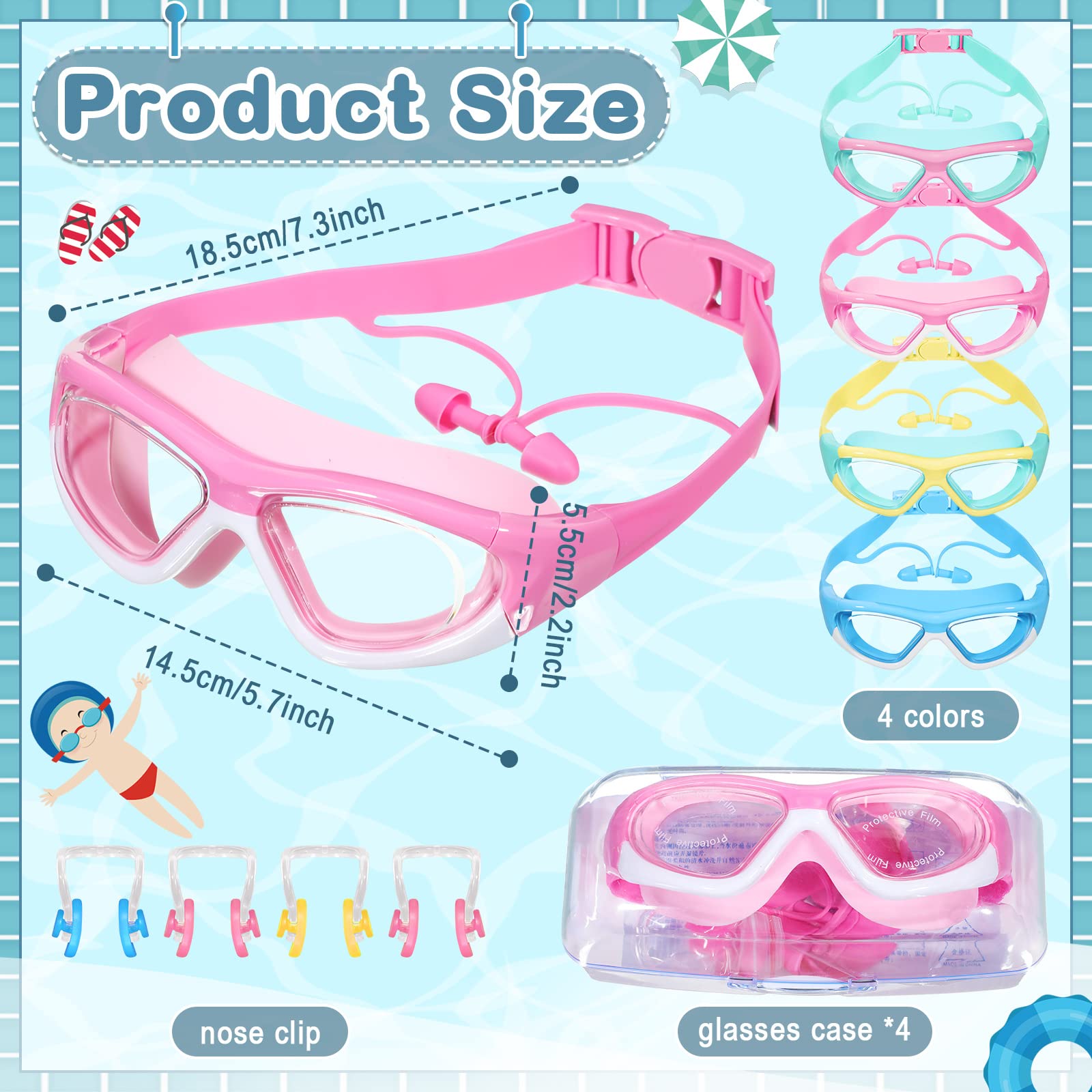 Yexiya Schwimmbrille für Kinder, Anit Fog, kein Auslaufen, Jugendbrille mit Nasenstöpsel für Jungen und Mädchen im Alter von 3–12 Jahren, 4 Stück