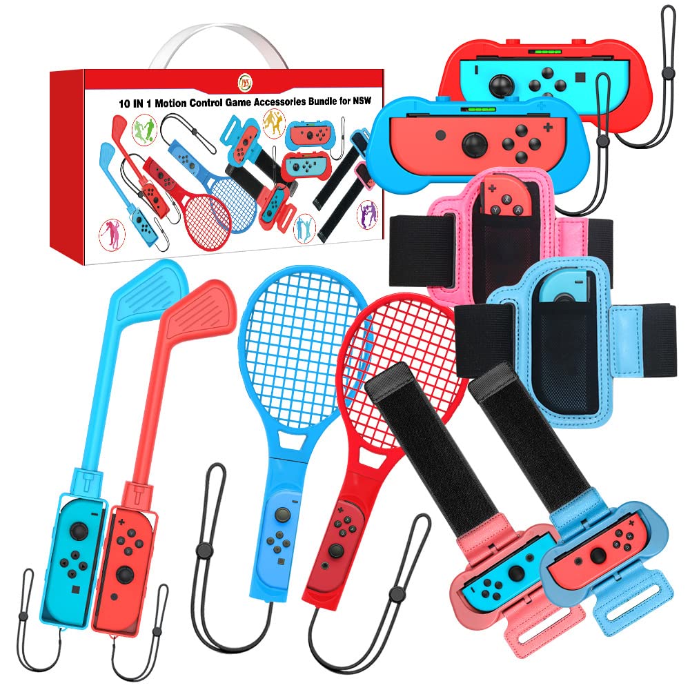 navor 10-in-1 Switch Sports Accessories Kit, Family Accessories Bundle includes 2 Tennis Rackets, 2 Controller Grips, 2 Golf Clubs, 2 Leg Straps, 2 Wrist Bands [Red Blue]