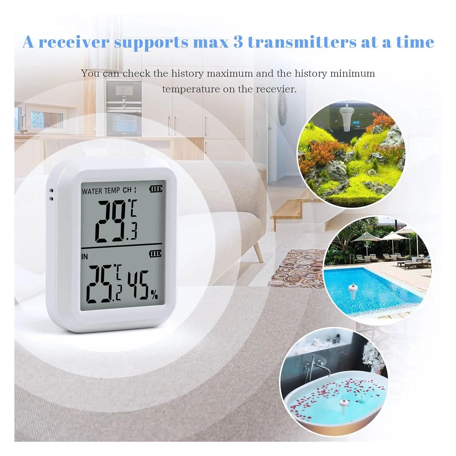 Drahtloses Poolthermometer-Set, schwimmendes Poolthermometer mit Innentemperatur-Feuchtigkeitsmonitor for heiße Quellen, kleine Teiche 2
