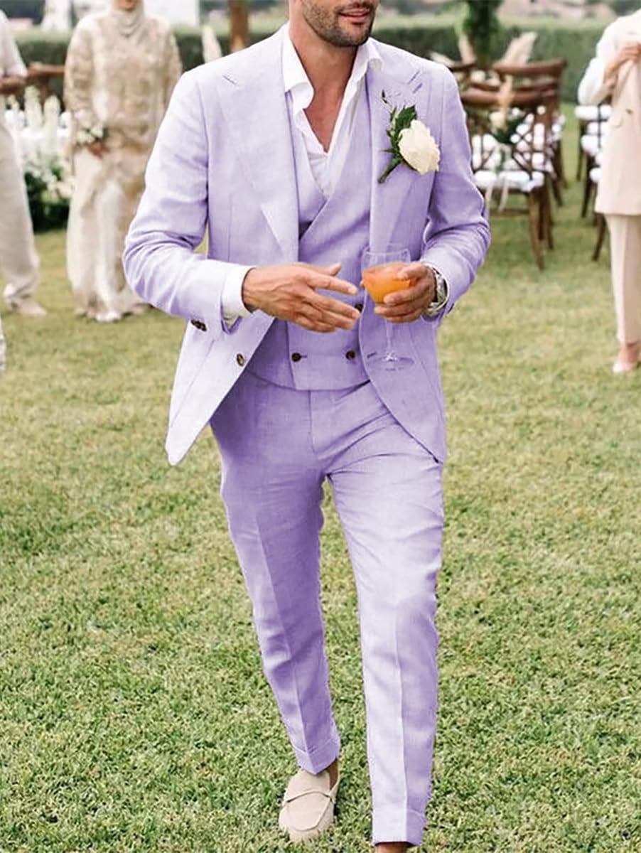 Completo da uomo in lino, stile casual, 3 pezzi, vestibilità regolare, giacca, gilet e pantaloni, per ballo di fine anno e matrimonio